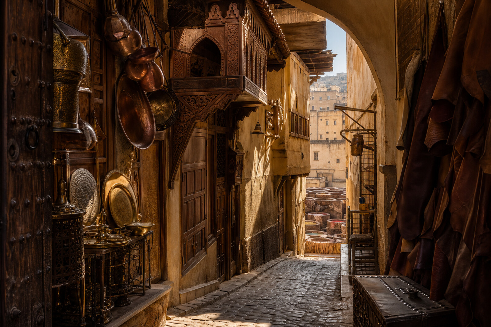 Stylized illustration of a narrow street in the Medina of Fez, with carved wooden balconies, copperware, and colorful dye vats in the distance