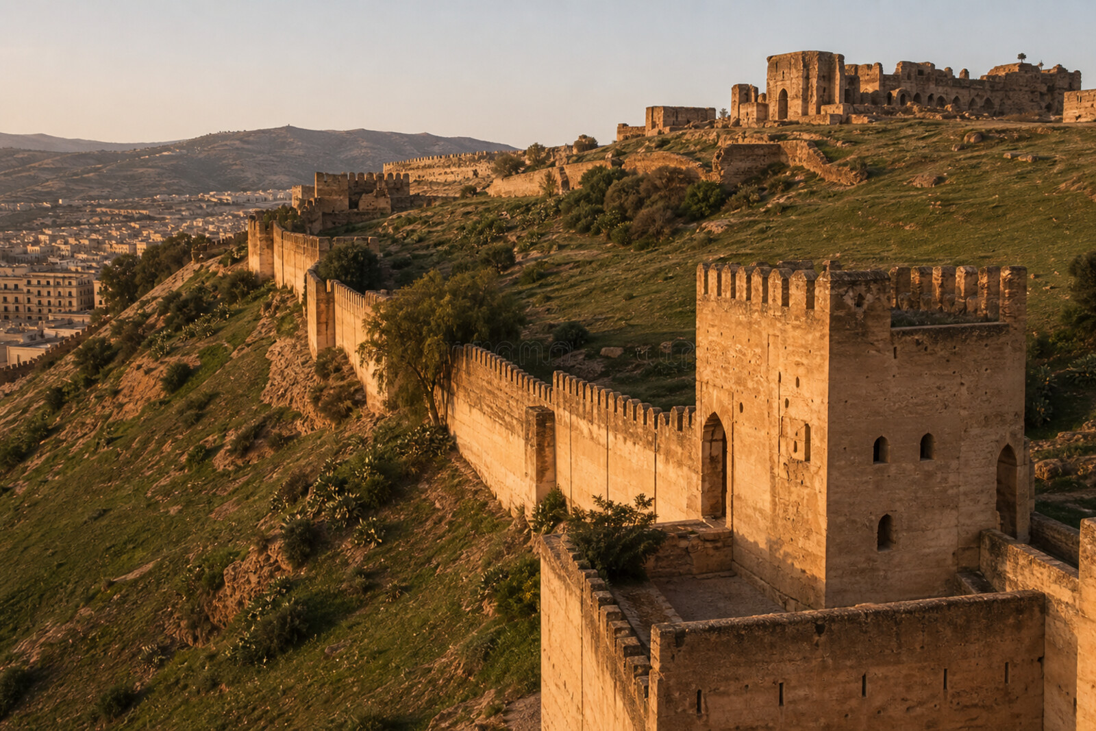 Panoramic view of Fez's northern walls, Borj Nord fortress, and the hill of the Marinid Tombs in sunset light
