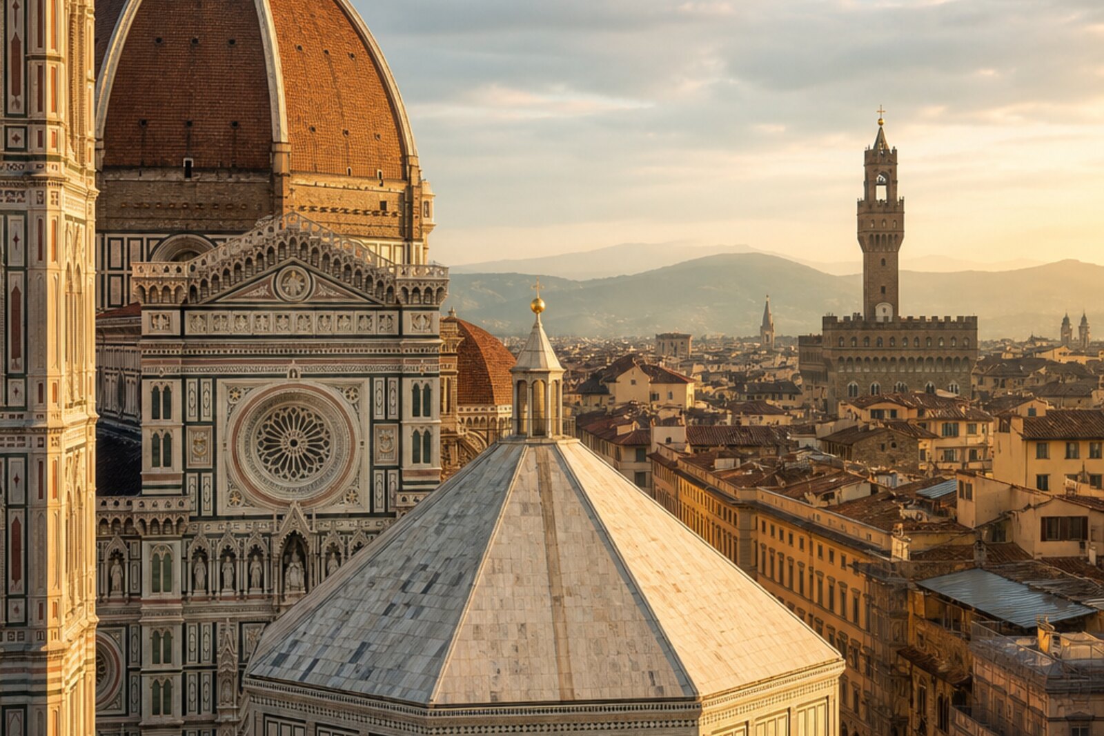 Florence's cathedral center with the Baptistery of St. John, the facade of the Cathedral of Santa Maria del Fiore, and the distant silhouette of a civic tower.