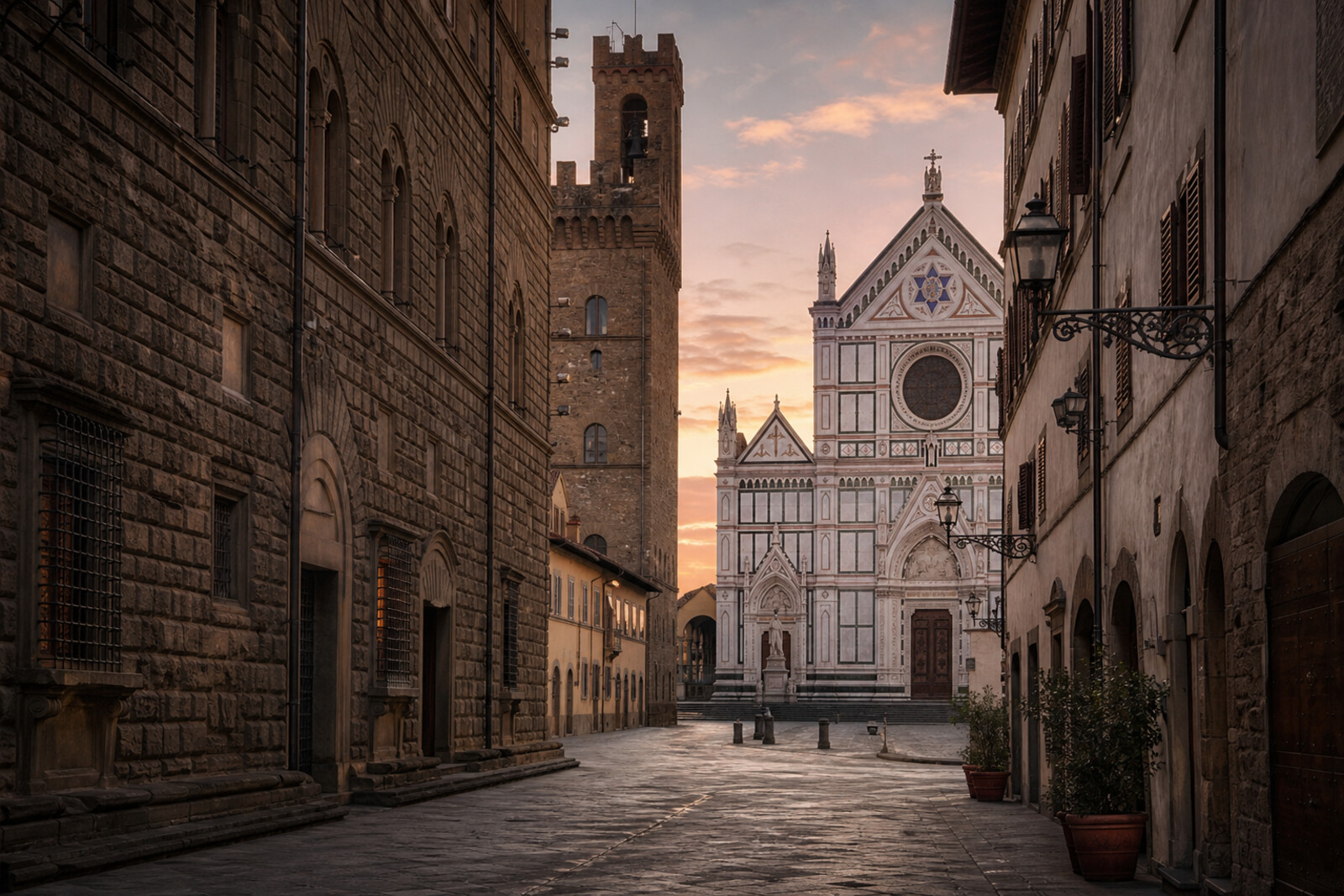Illustrated scene of the Santa Croce district, with the Bargello tower and the basilica facade at sunset.