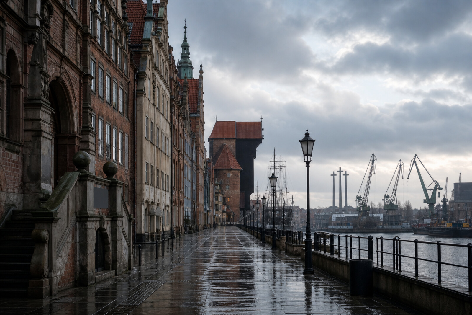 An artistic panorama from merchant façades and the Crane to shipyard cranes and the monument's three crosses.