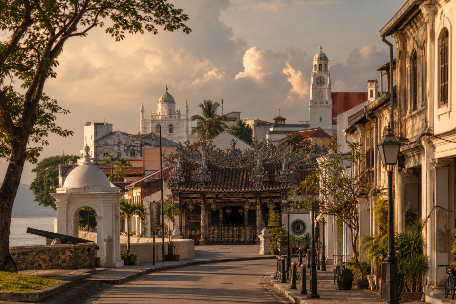 Layered generated editorial view of old George Town: waterfront, white facades, tower, and clan courtyard in one mood.