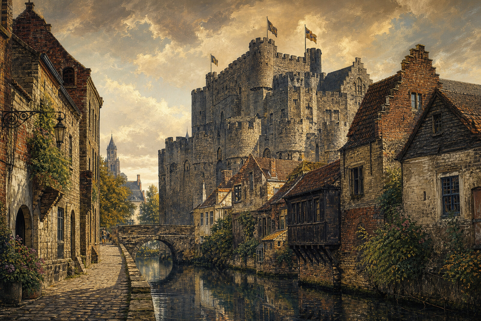 An illustration of Gravensteen and Patershol's narrow lanes reflected in the canal