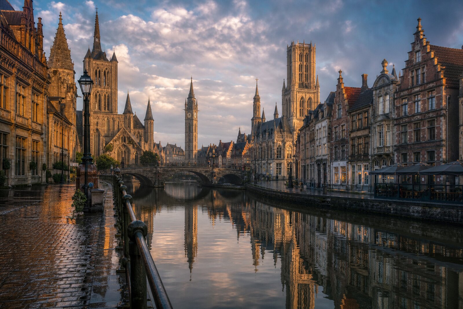 Generated editorial cover image for the route “Three Towers and the Lys: Ghent as a City of Power”