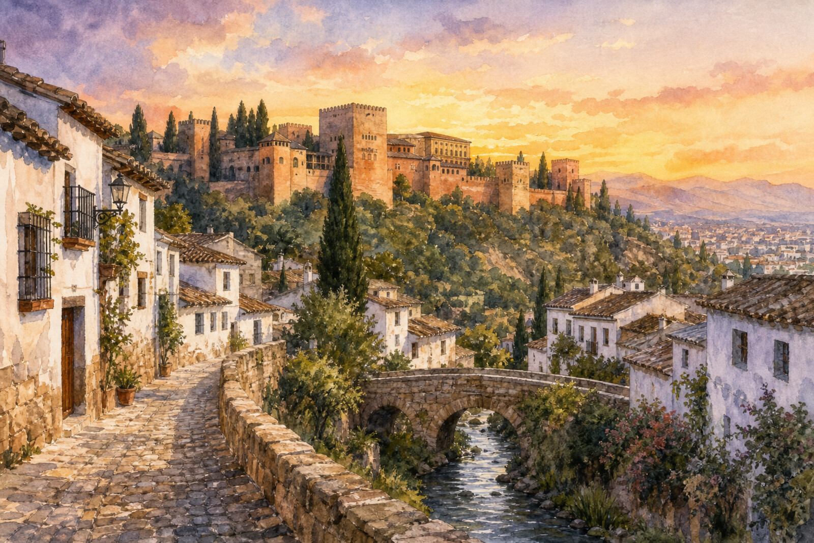 Generated cover image: Albaicín above the Darro River, white streets, viewpoints, and a view of the Alhambra.