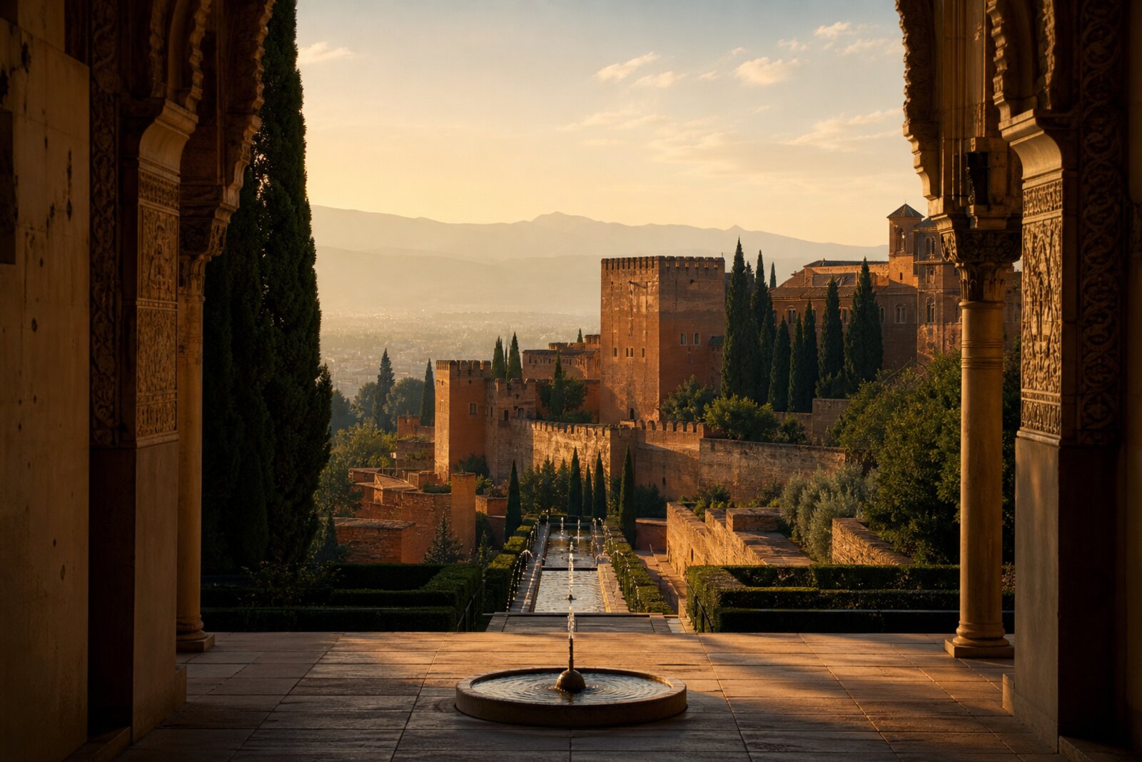 Generated cover image: Alhambra and Generalife, water, shade, gardens, and palace power on Sabika Hill.