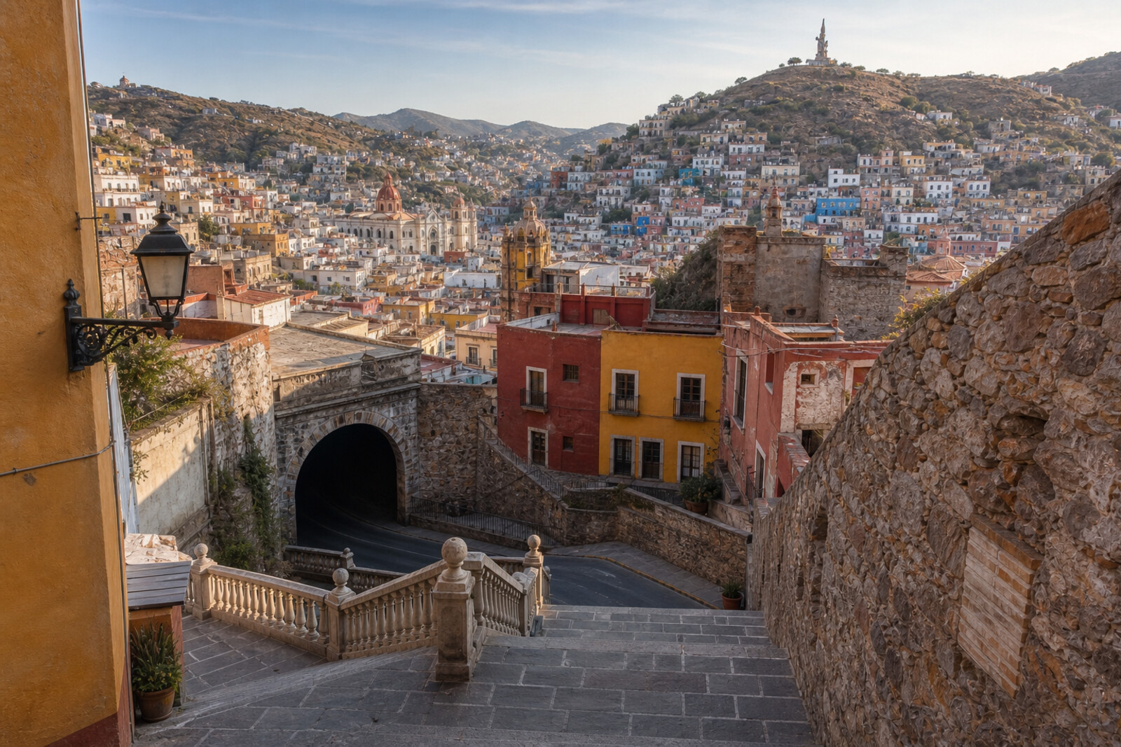 Illustrated vertical view of Guanajuato City: a tunnel below, the historic center in the middle, and El Pípila above the city.