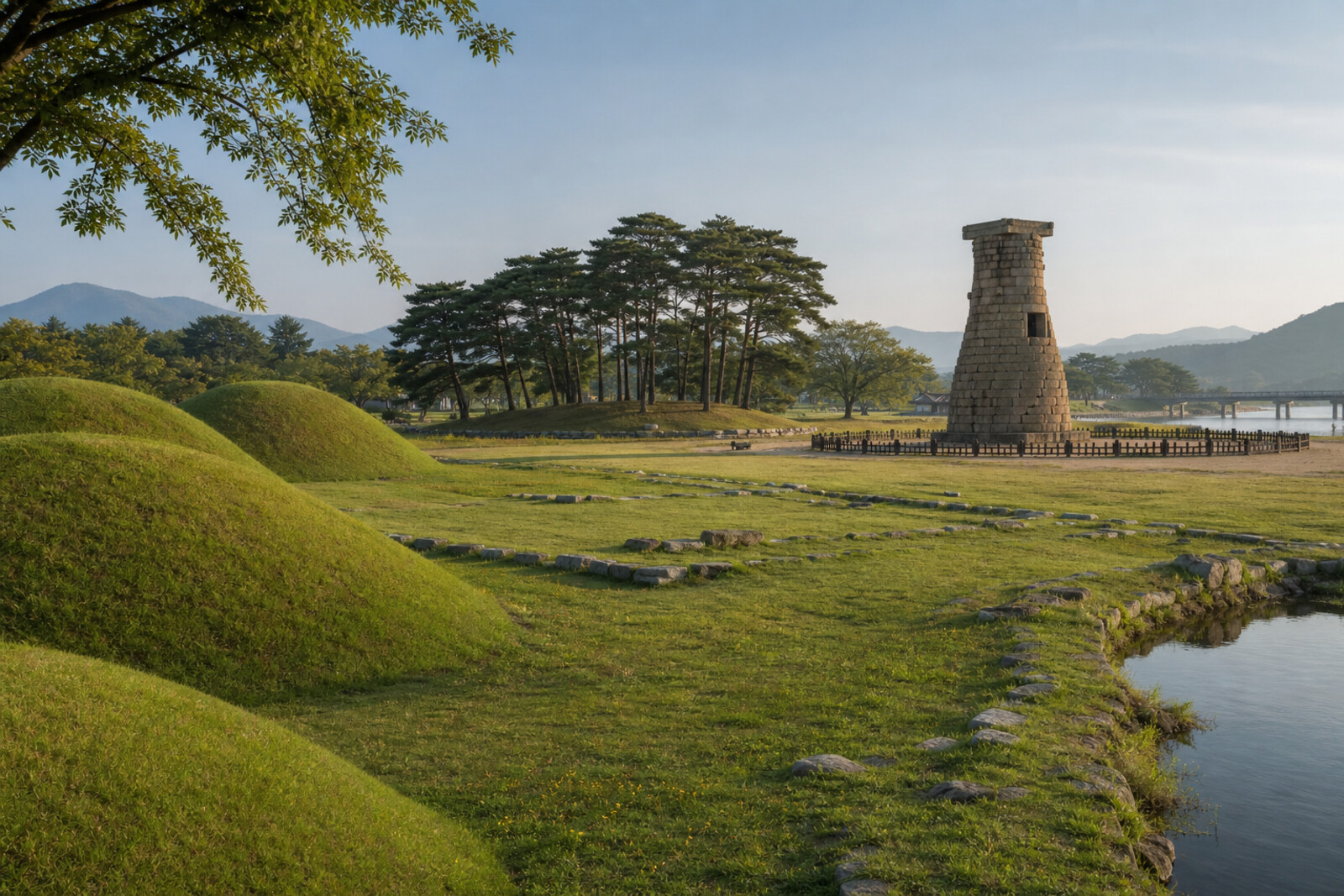 A stylized royal landscape of Gyeongju with tumuli, Cheomseongdae, a forest, a pond, and a bridge.