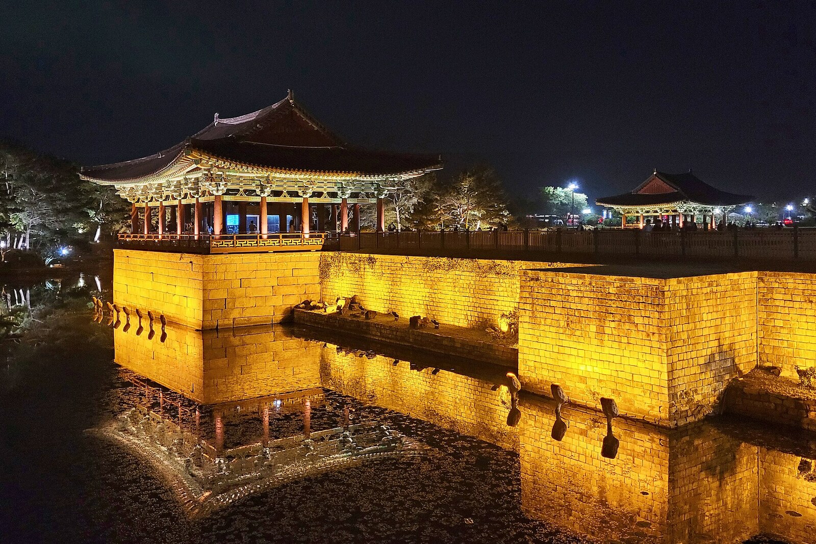 A Donggung pavilion by the waters of Wolji Pond.