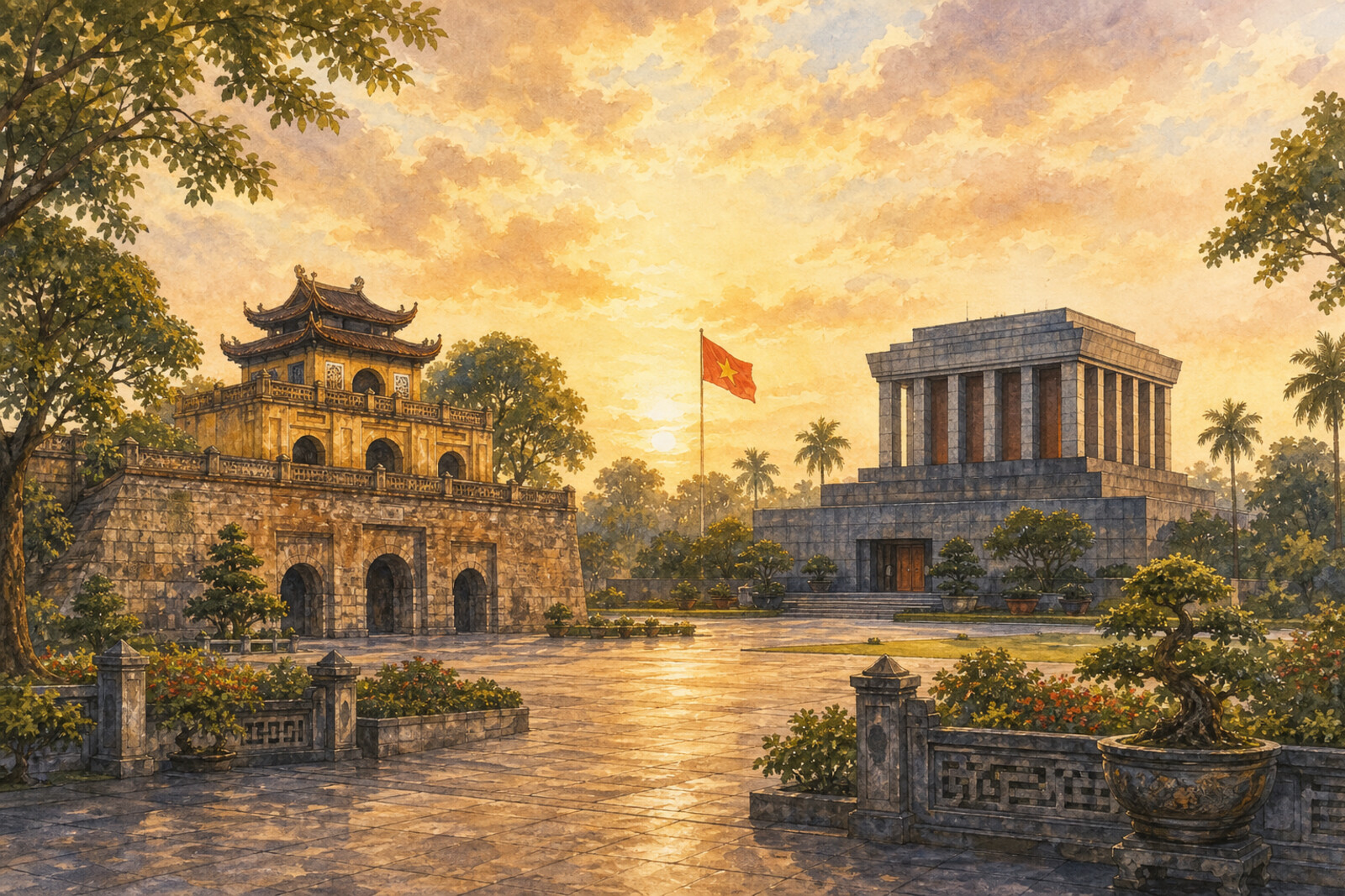 A collage of an old citadel gate and a modern mausoleum with a flag, joined into a single symbol of power.