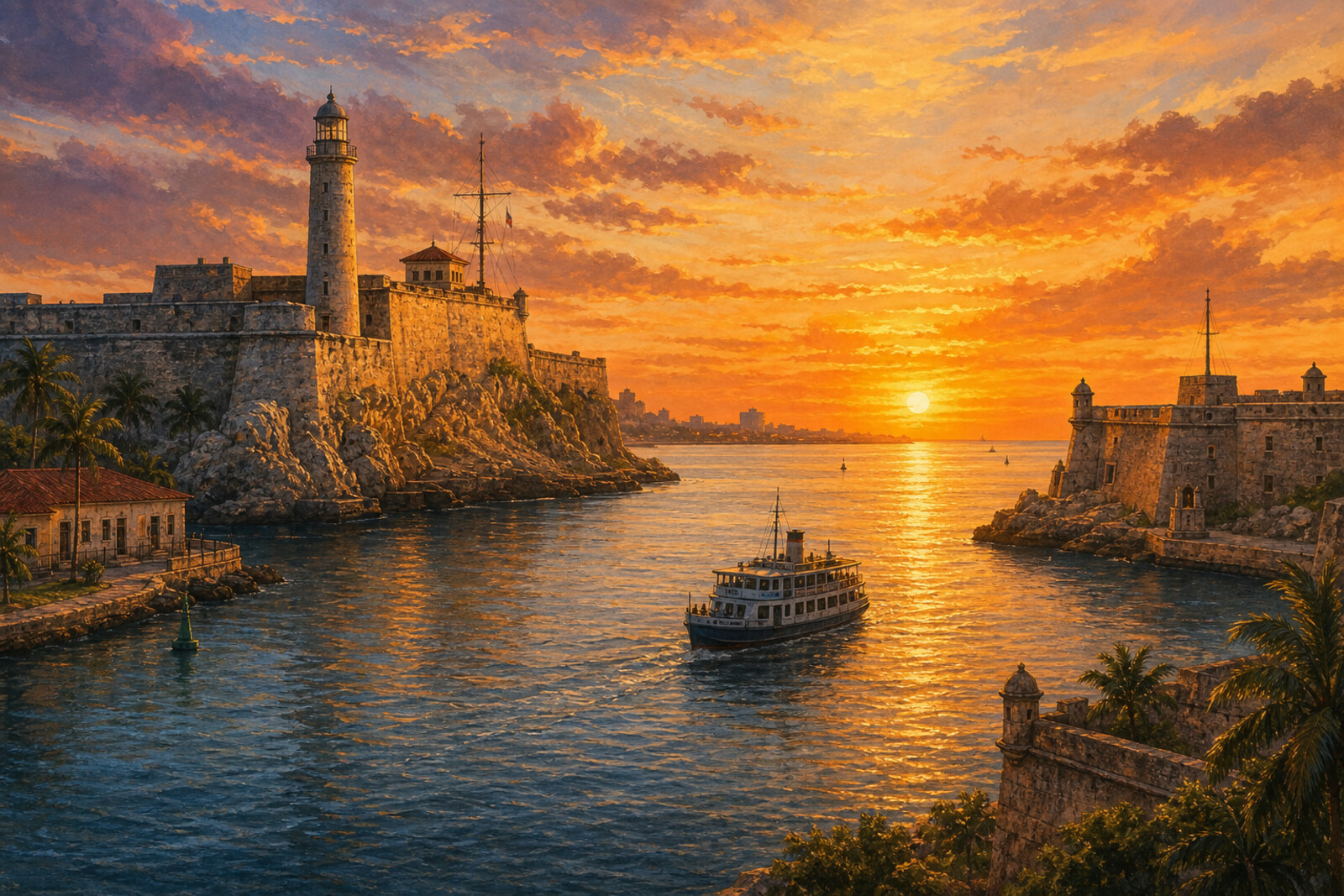 Panorama of the entrance to Havana Bay with Morro Castle and San Carlos de la Cabaña Fortress at sunset