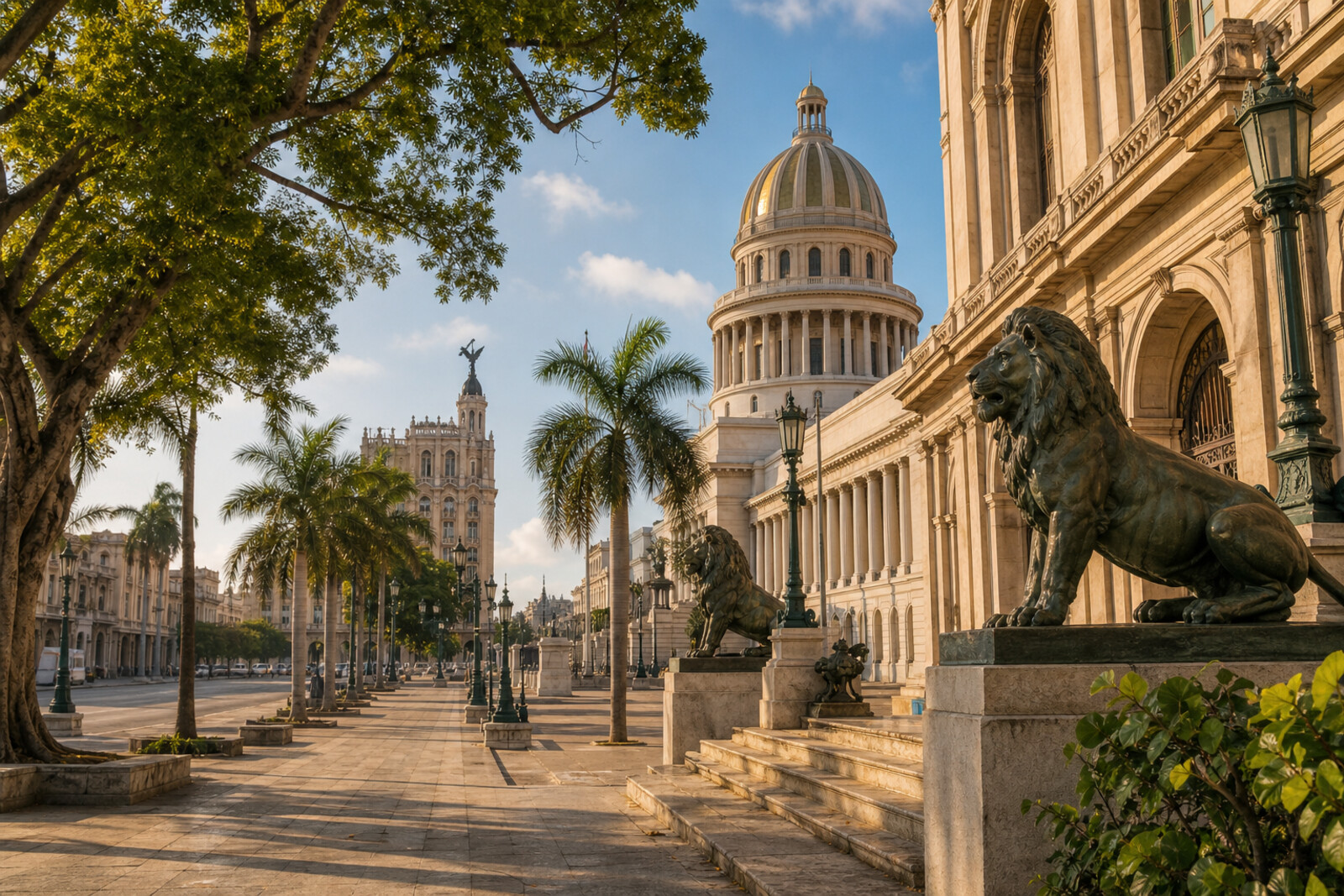 Prado promenade in Havana with bronze lions, marble benches, and the dome of El Capitolio in the distance