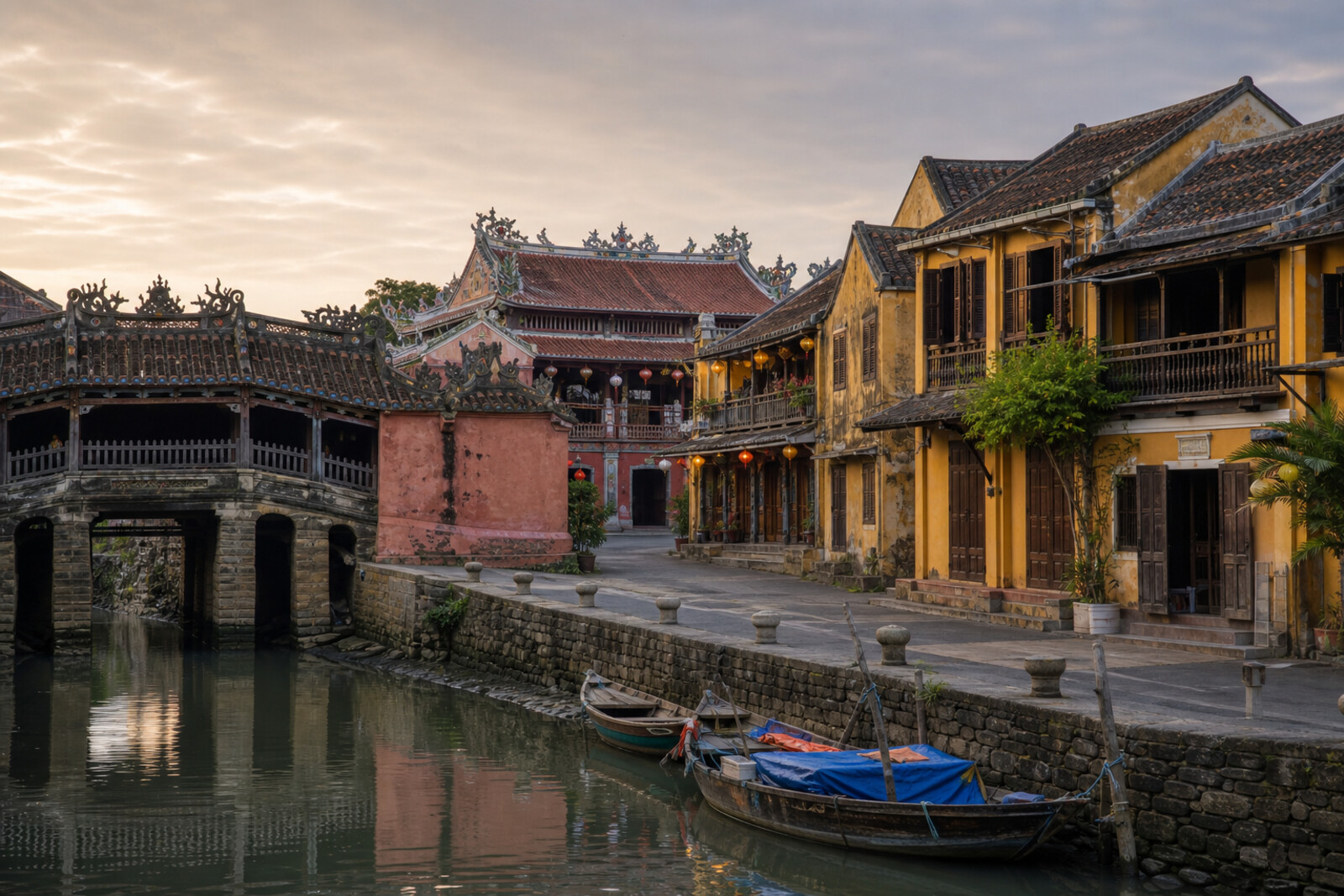 Illustration of Hoi An's trading grid: the Japanese Covered Bridge, wooden houses, a wharf, and the river.