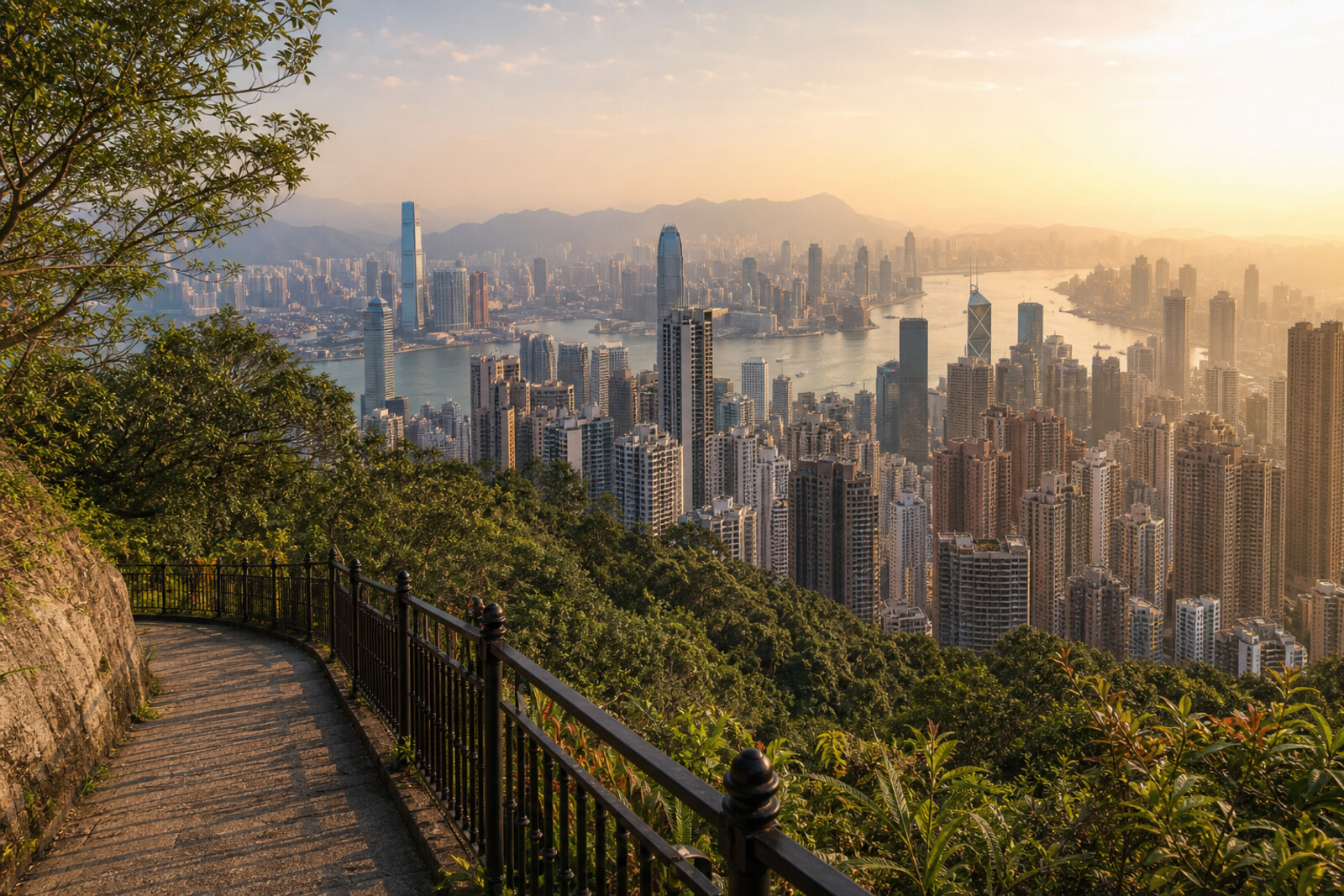 Illustrated panorama: a trail on a green slope and Hong Kong's glowing skyline at sunset.