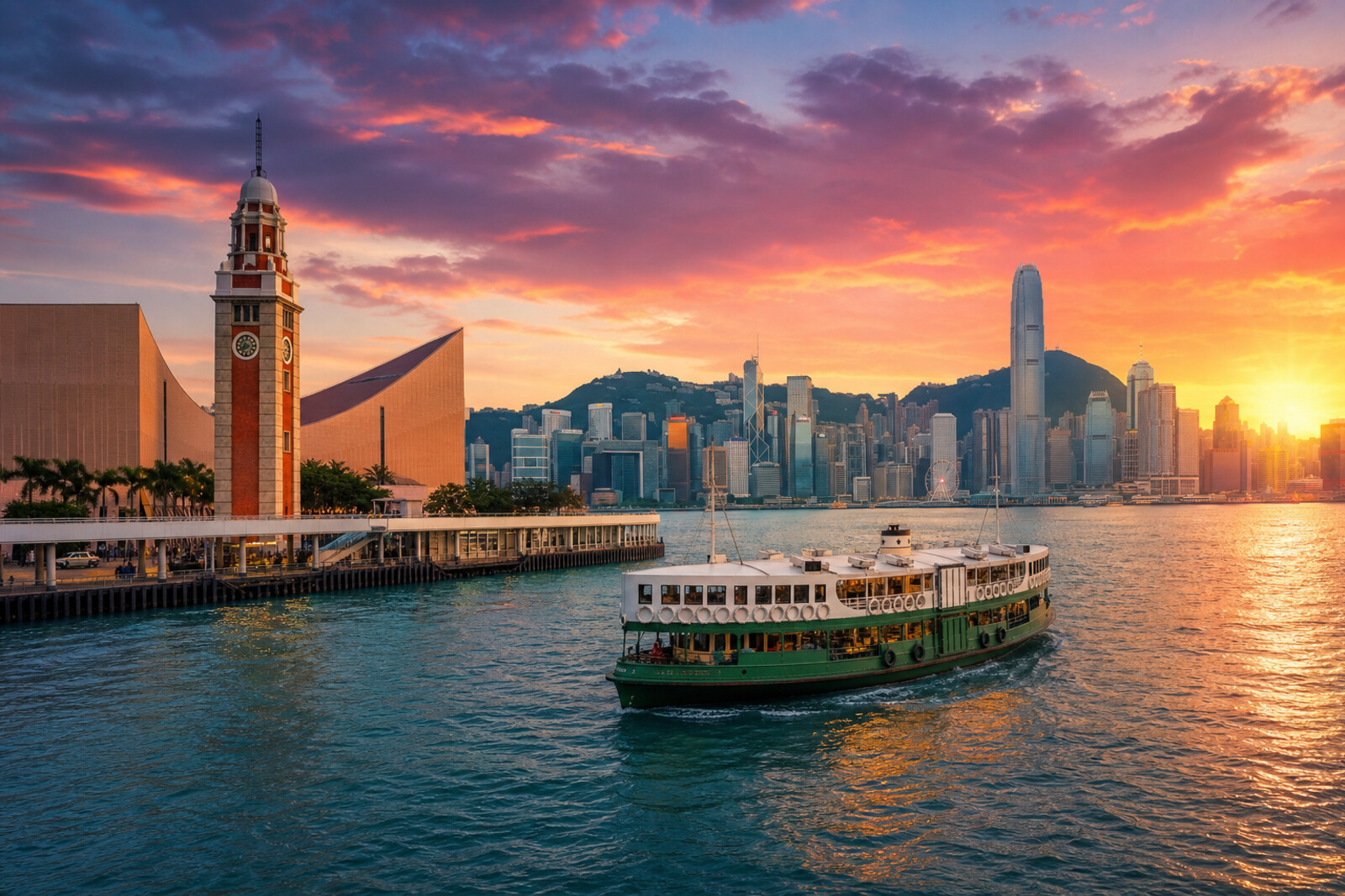 A ferry on Victoria Harbour, the Former Kowloon-Canton Railway Clock Tower, and the cultural edge of Tsim Sha Tsui