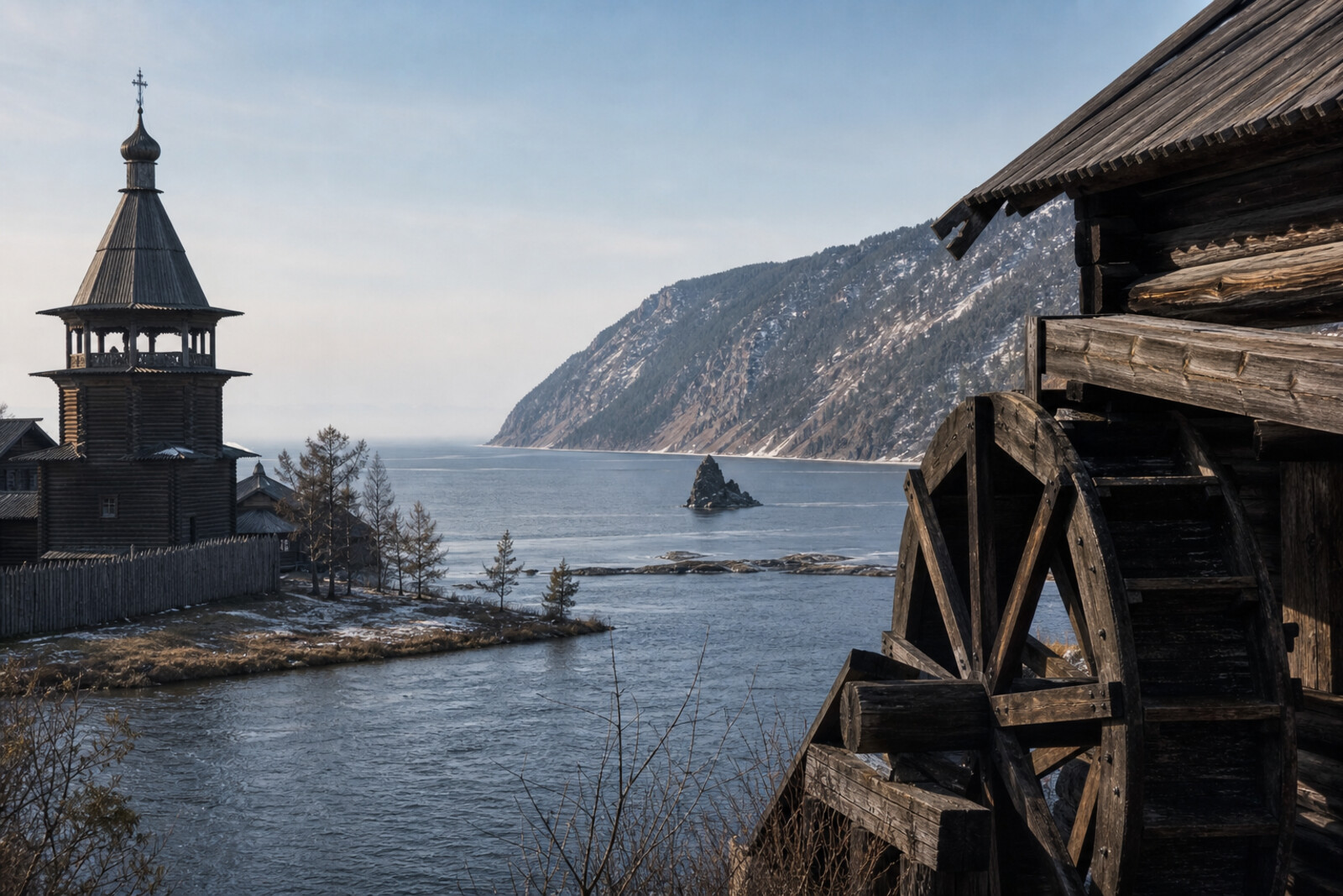 A wooden tower in Taltsy by the water, the source of the Angara River, and Lake Baikal beneath a forested slope