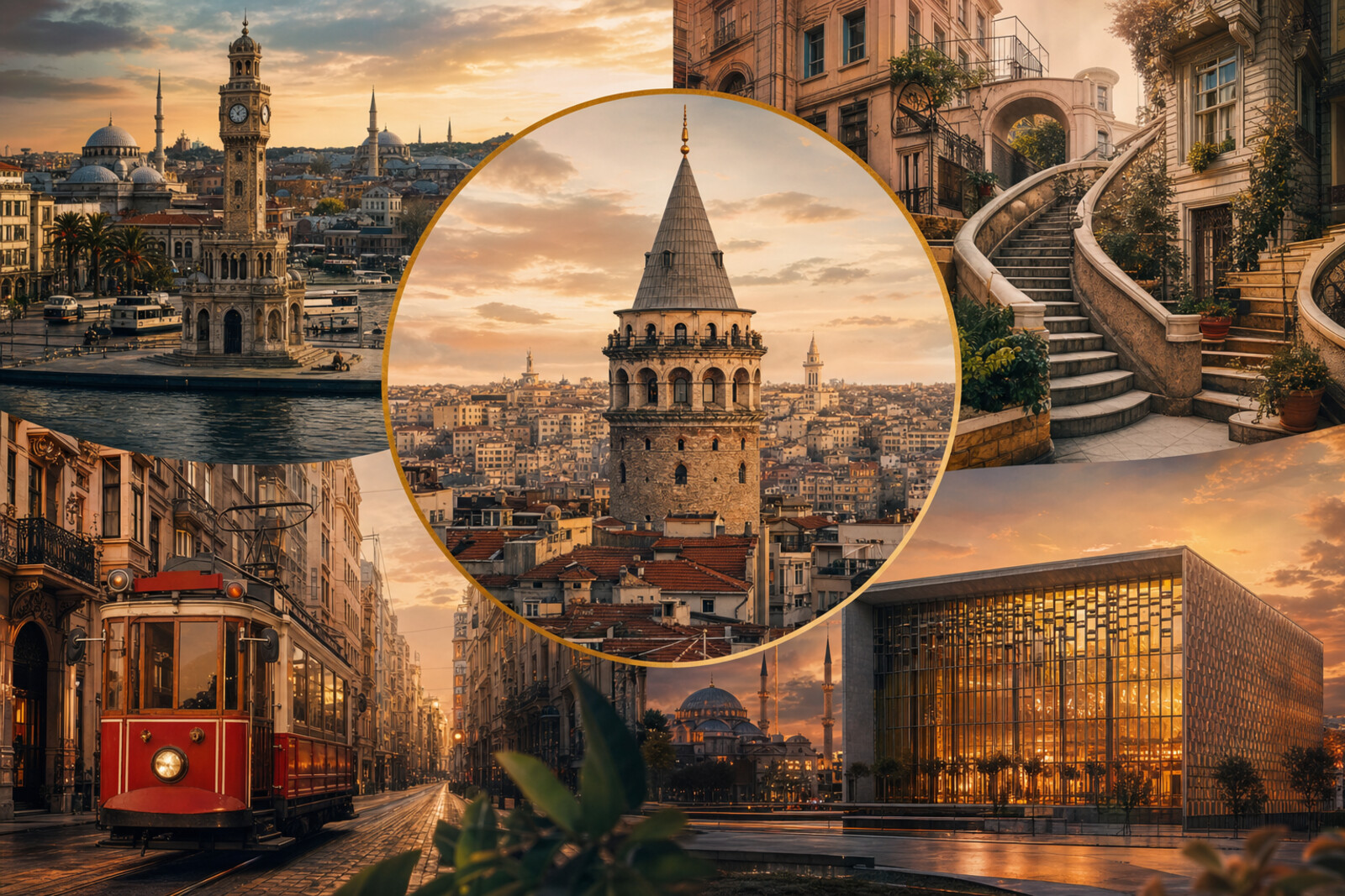 Route cover: a collage of Karaköy Waterfront, Camondo Stairs, Galata Tower, the red tram on İstiklal Avenue, and the facade of the Atatürk Cultural Center at Taksim Square