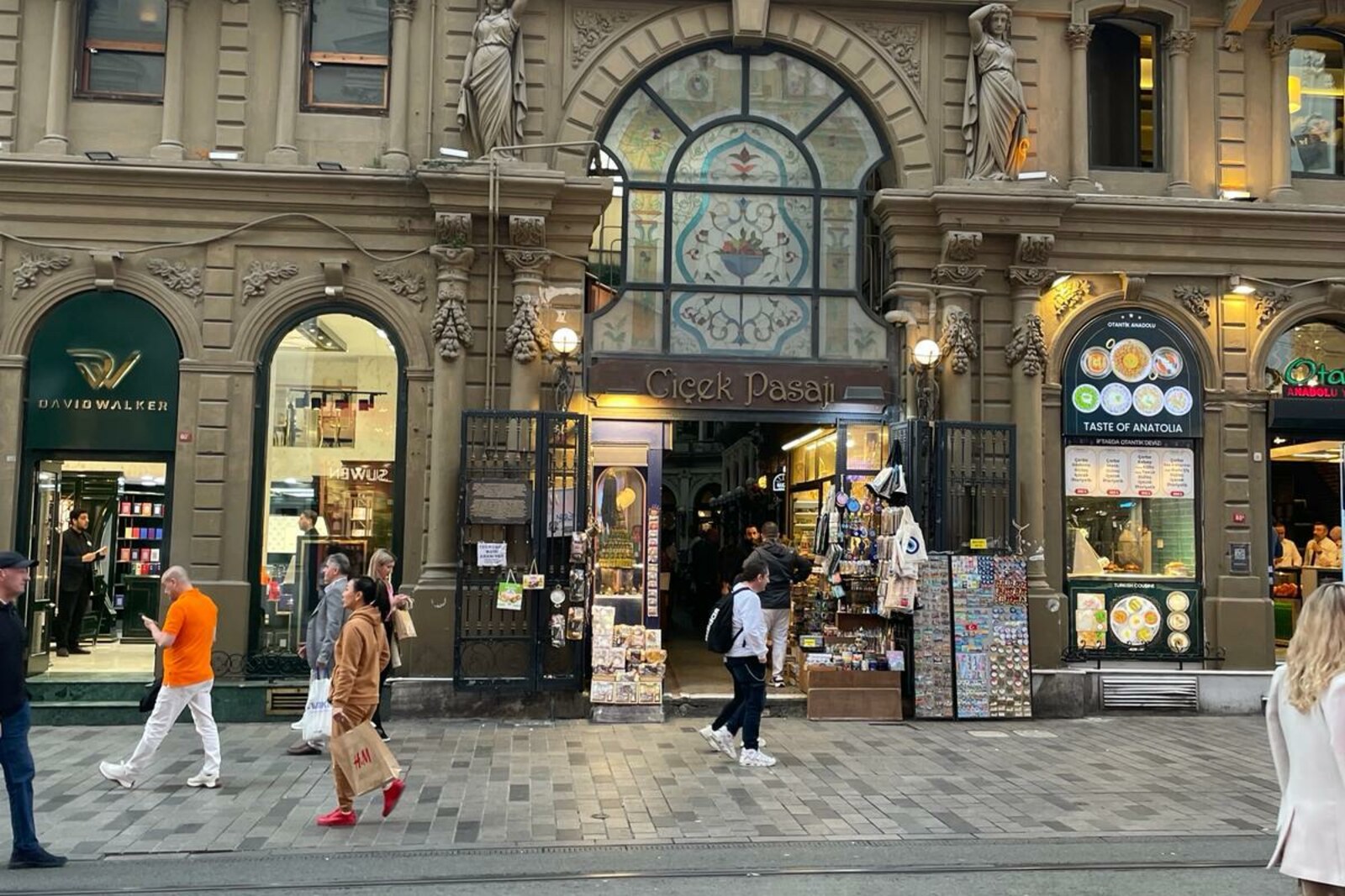 The glass ceiling and decorated façade inside Flower Passage in Istanbul