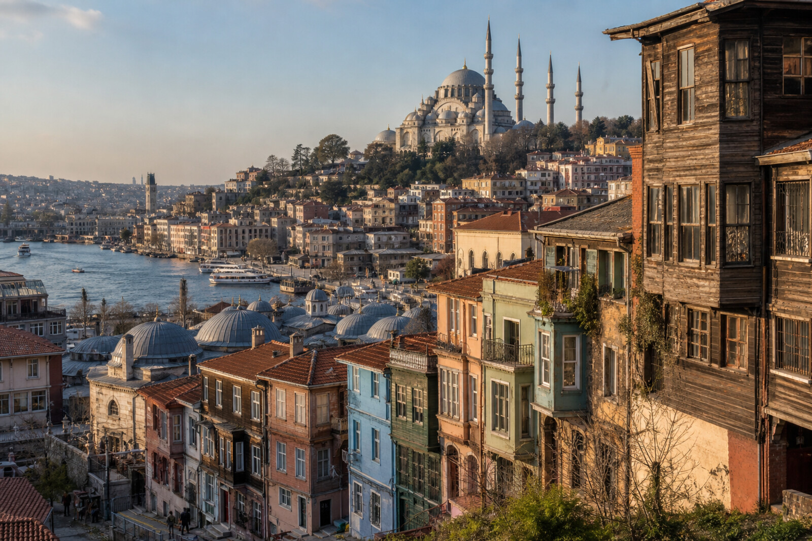 A panorama of the Golden Horn, with the silhouette of Süleymaniye Mosque, Fener's red school, and Balat's colorful waterfront houses.