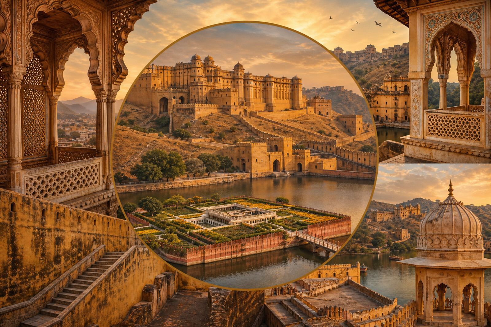 Illustration of Amer Fort above Maota Lake and a saffron garden in warm sunset tones.