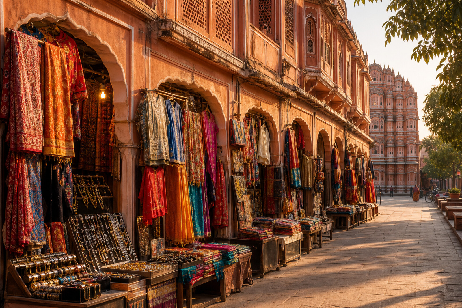 A stylized view of Jaipur's pink bazaars: pastel buildings, an arched gate, and colorful market rows at sunset.