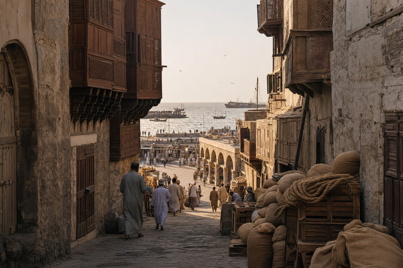 Coral houses with wooden roshans form an axis between Bab Makkah and the Red Sea port arches