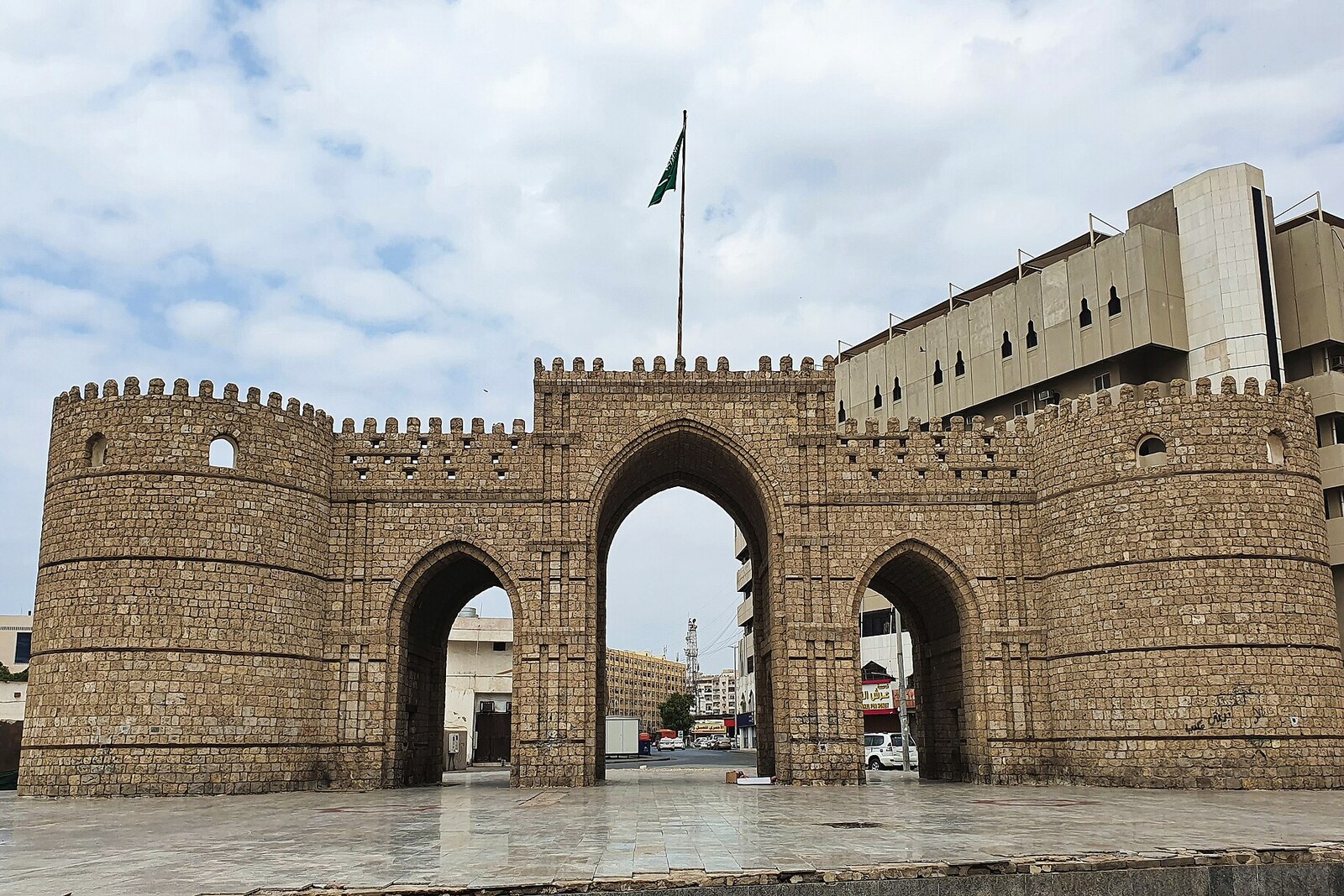 Three arches of the modern reconstruction of Bab Makkah in historic Jeddah