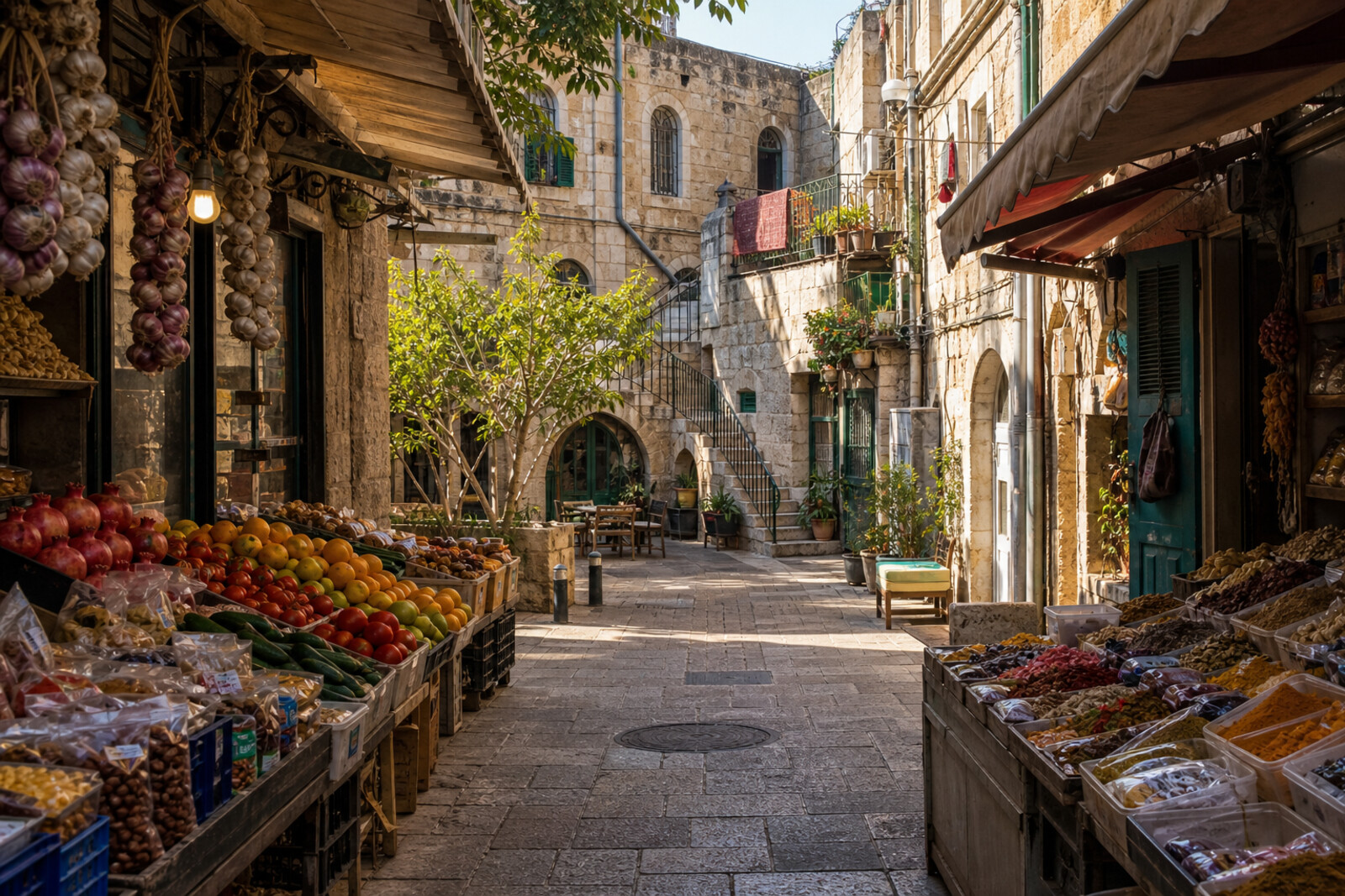 Artistic image of the transition from a bustling bazaar to quiet courtyards, with bright spices, lanterns, and stone arches