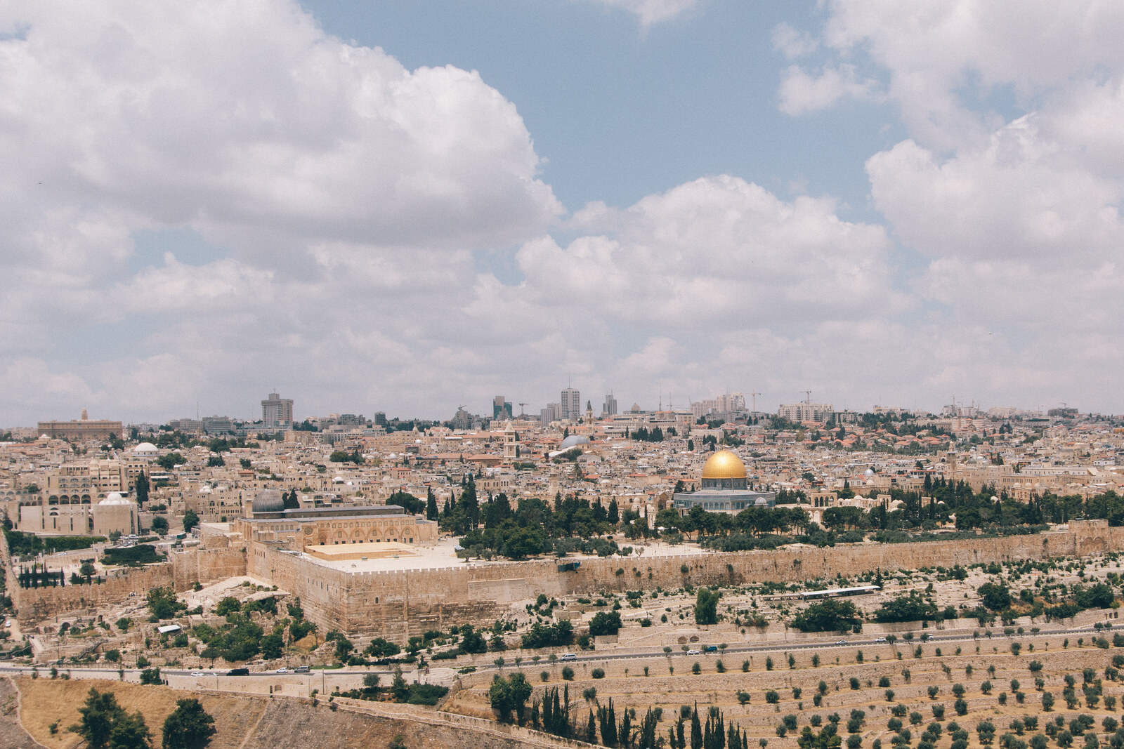 Panorama of Jerusalem from the Mount of Olives: the Dome of the Rock, walls, and olive trees