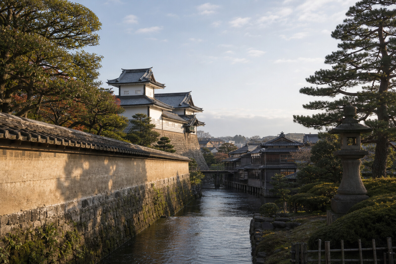 A layered illustration of Kanazawa: the canal in Nagamachi Samurai District, castle walls, Kenrokuen Garden, and the lattices of a tea district.