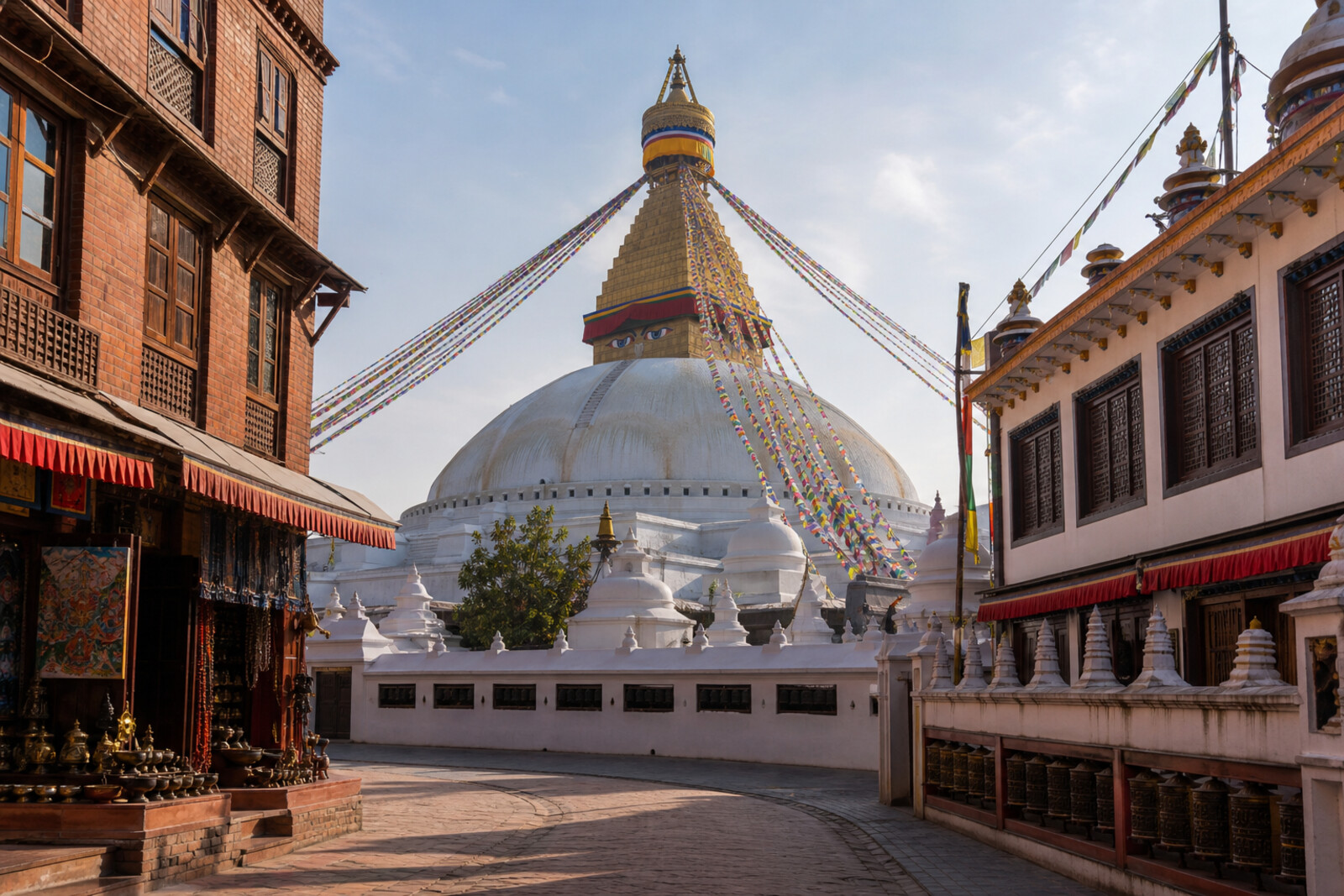 Illustration of Boudhanath Stupa with a white dome and golden spire at dawn, surrounded by houses and prayer flags