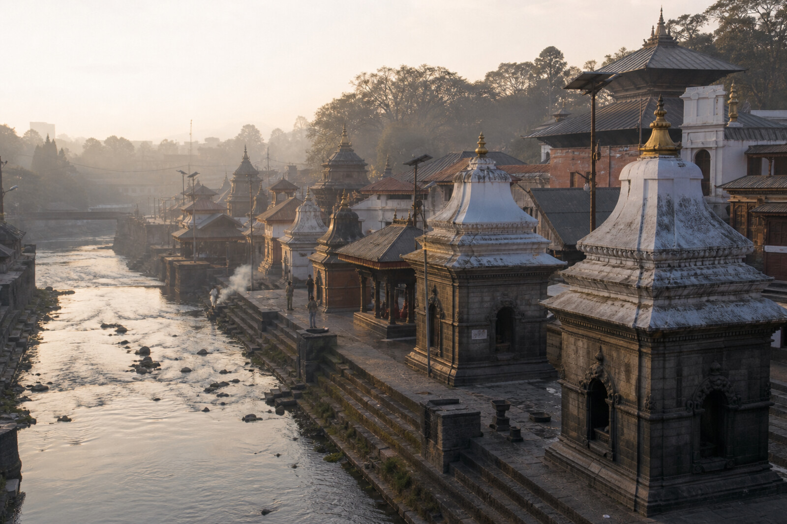 A twilight view of the golden roofs of Pashupatinath Temple reflected in the still water of the Bagmati.