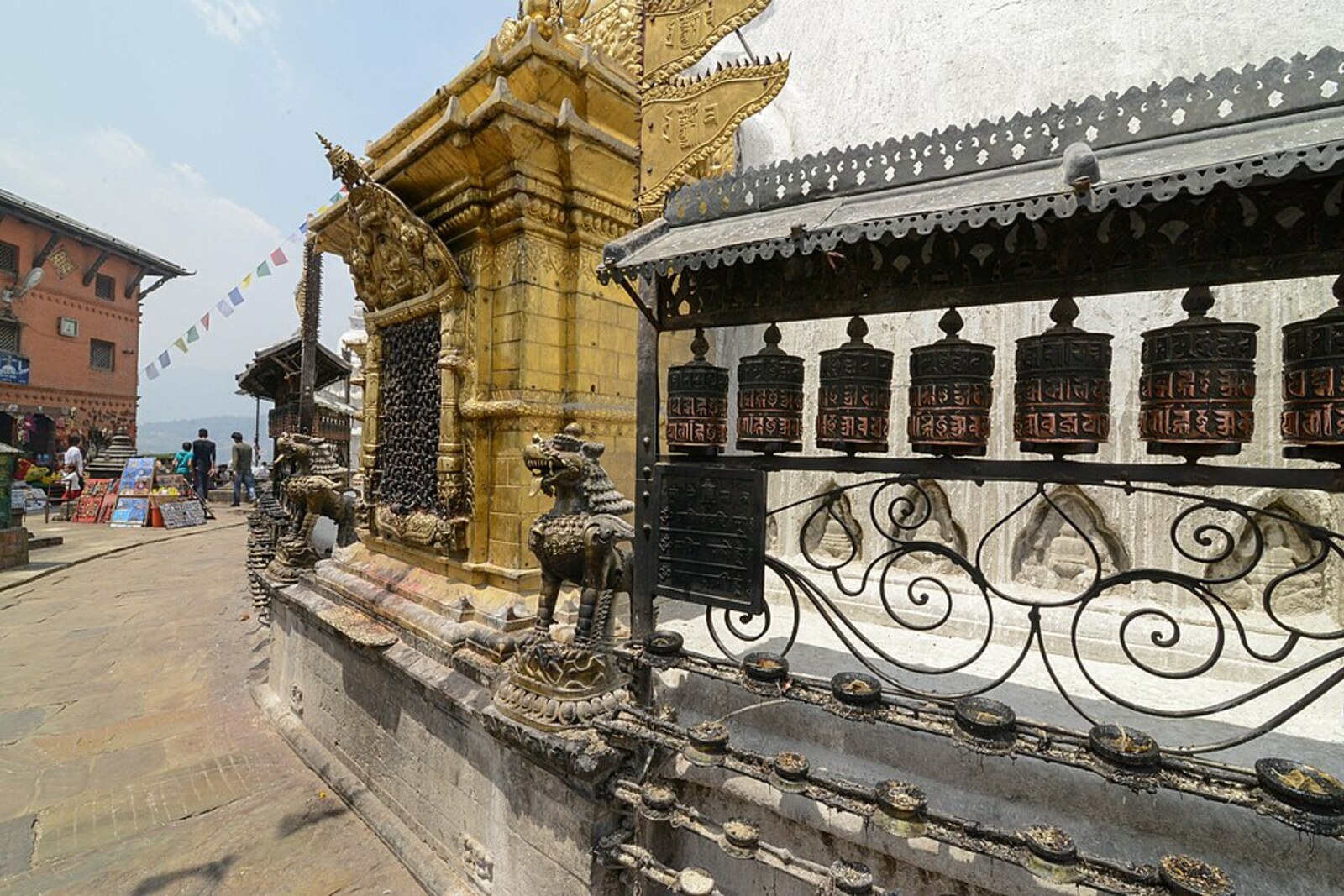Prayer wheels around the main stupa of Swayambhunath.