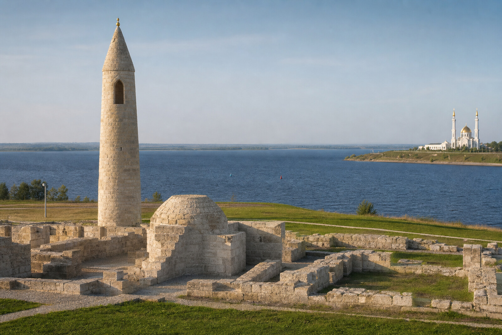 Archaeological walls and the Small Minaret on the high bank of the Volga, with the modern White Mosque in the distance.
