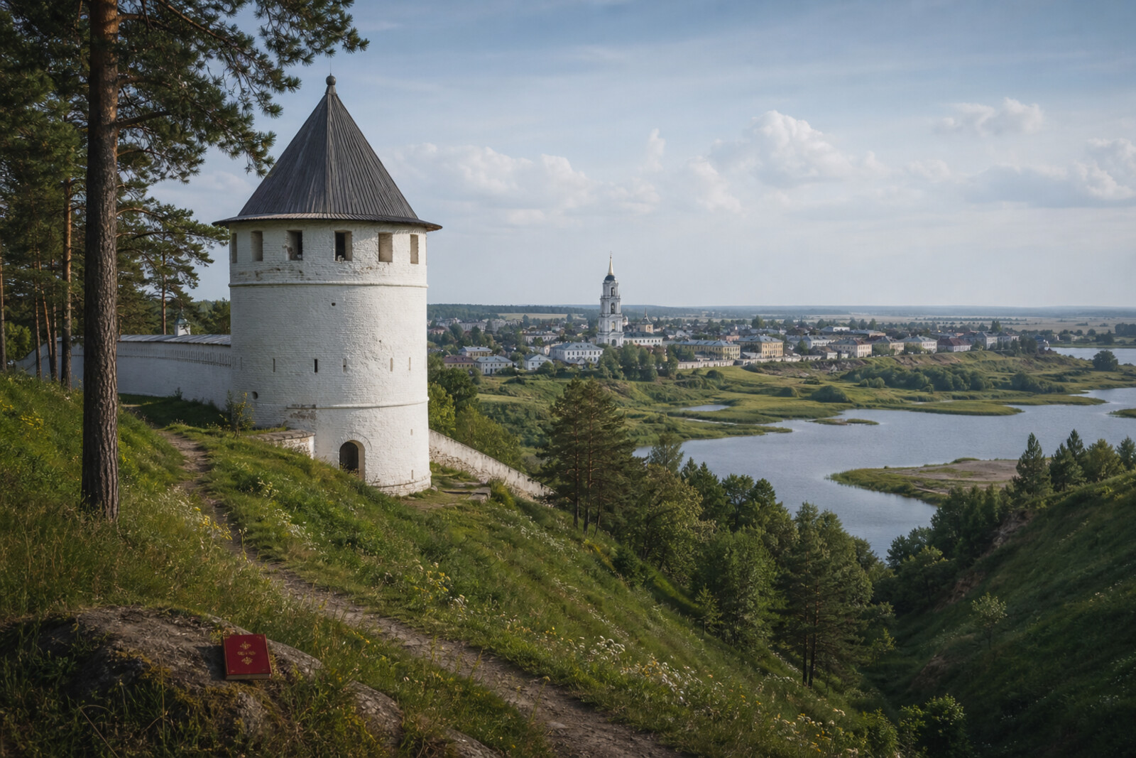 The tower of Yelabuga Hillfort above the floodplain, with merchant Yelabuga and the bell tower of Spassky Cathedral in the distance.