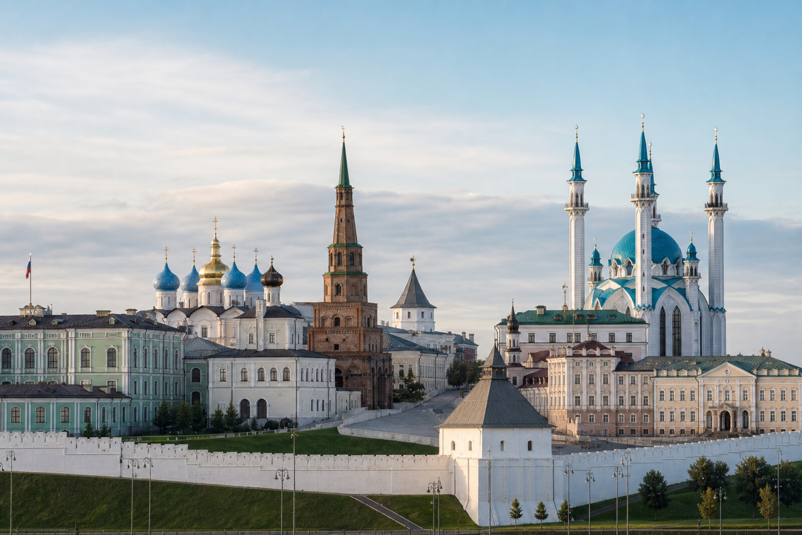 Stylized silhouette of Kazan Kremlin: Spasskaya Tower, the minarets of Kul Sharif Mosque, the cathedral domes, and Syuyumbike Tower.