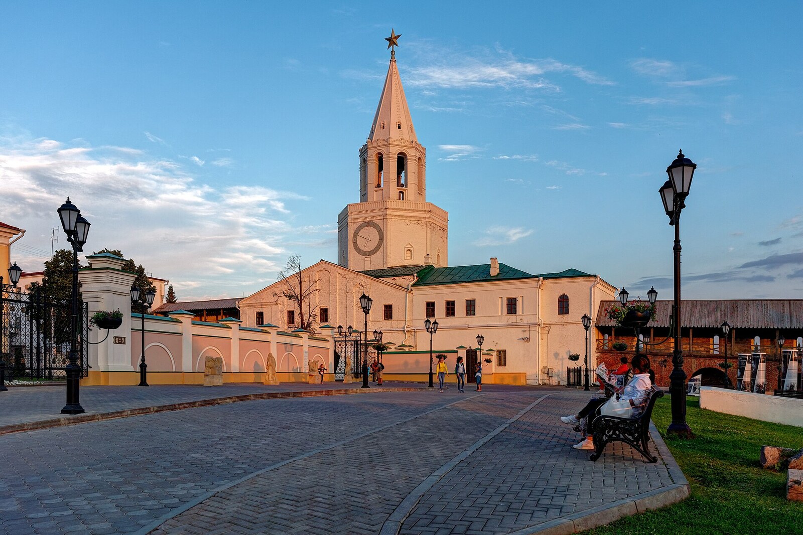 Spasskaya Tower of the Kazan Kremlin with clocks and a five-pointed star.