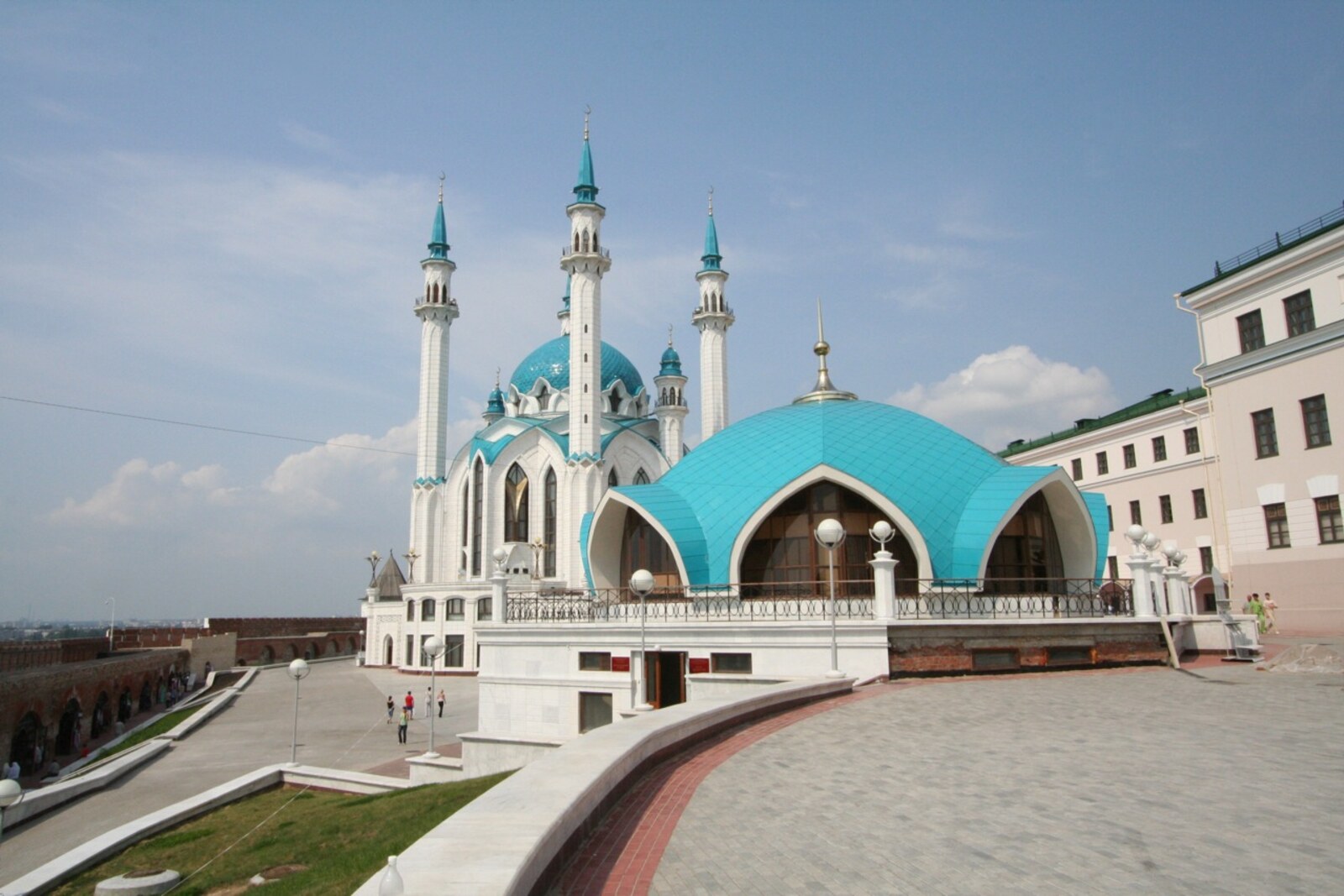 Kul Sharif Mosque with turquoise minarets and a central dome.