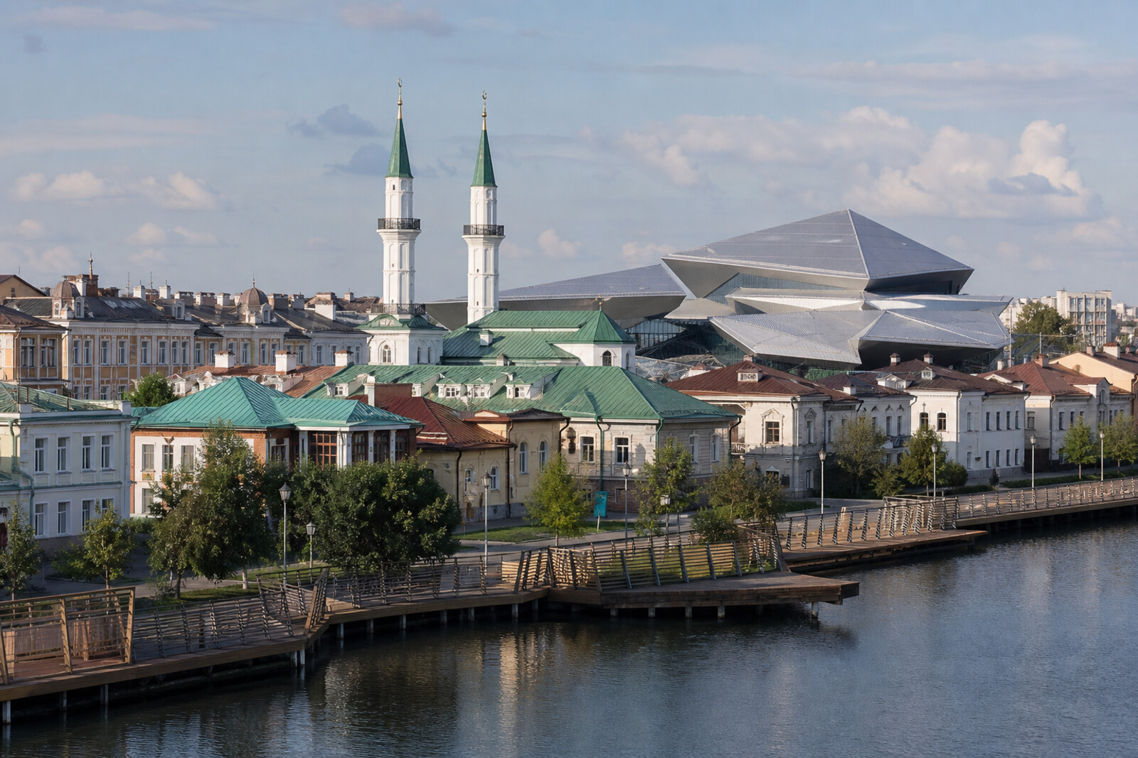 Lake Kaban, merchants' buildings, historic minarets, and the faceted silhouette of the New Kamal Theatre.