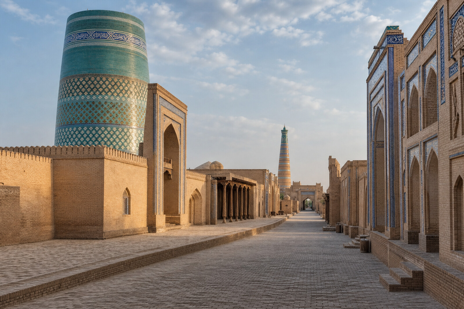 The axis of Itchan Kala from Kalta Minor through palaces and the mosque to the Islam Khoja Minaret and the eastern gate.