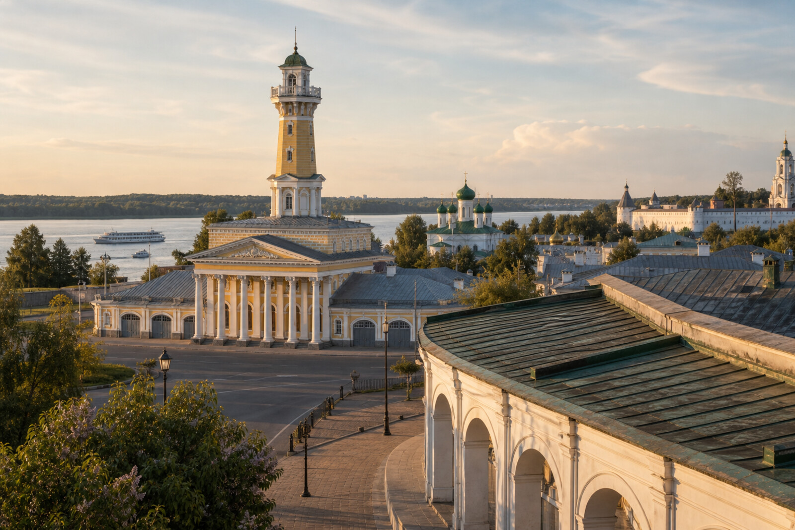 The route through Kostroma: the Fire Tower, the Red Rows, the Volga, and monastery walls.