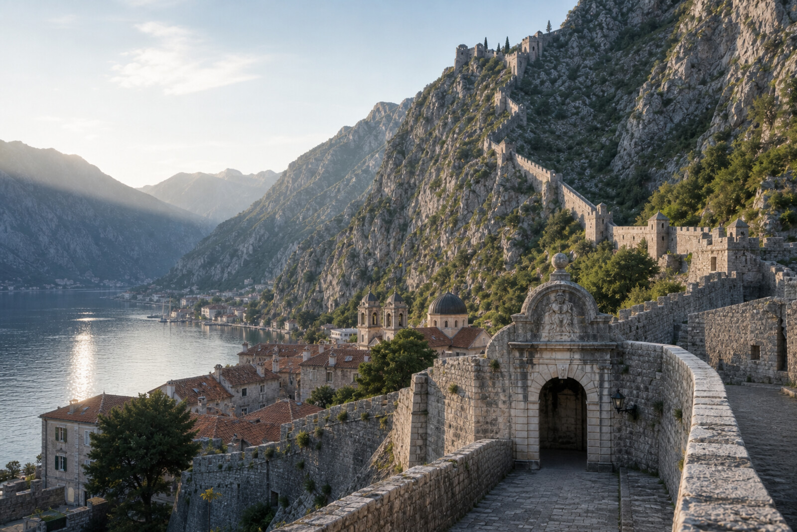 Kotor City Walls rise from the bay to St. John's Fortress on a steep slope.