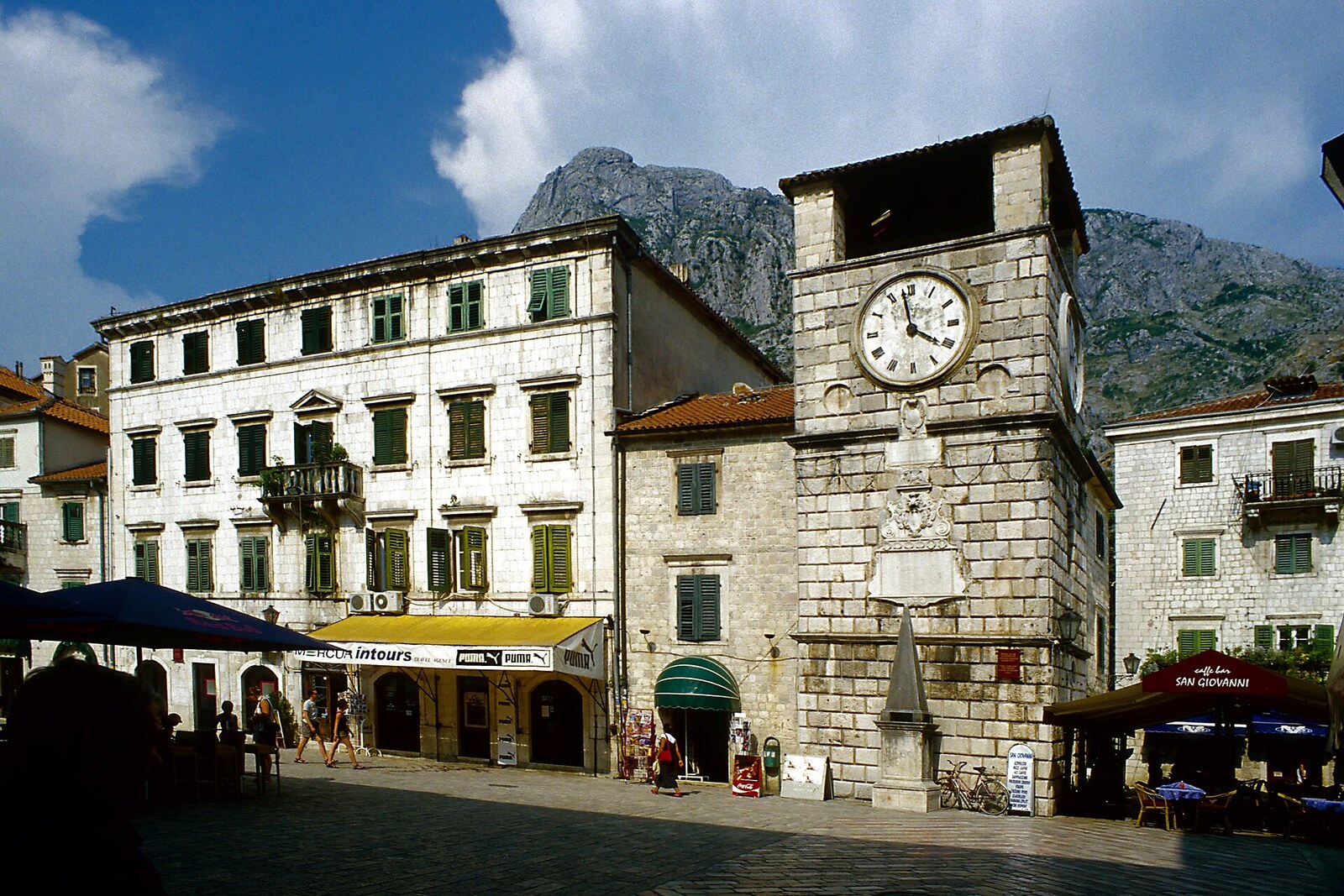 The Clock Tower and the Pillar of Shame on Arms Square in Kotor.