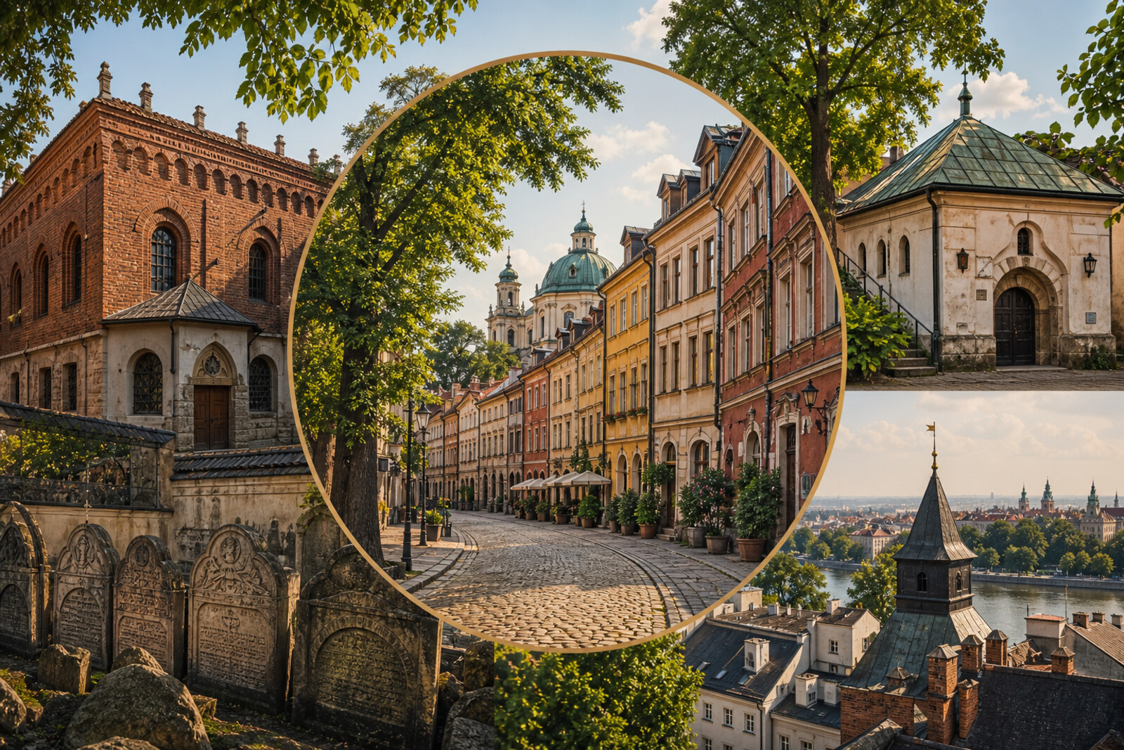 View of Kazimierz with synagogues and the baroque dome of Skałka in soft morning light