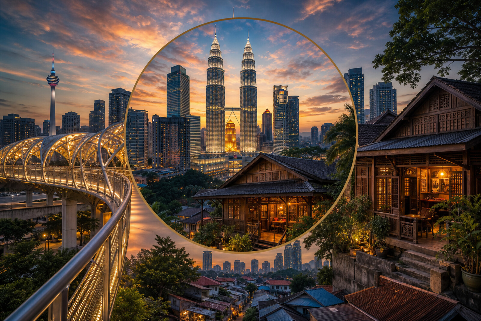 A symbolic connection between the glass Petronas Twin Towers and the wooden homes of Kampung Baru against an evening sky.