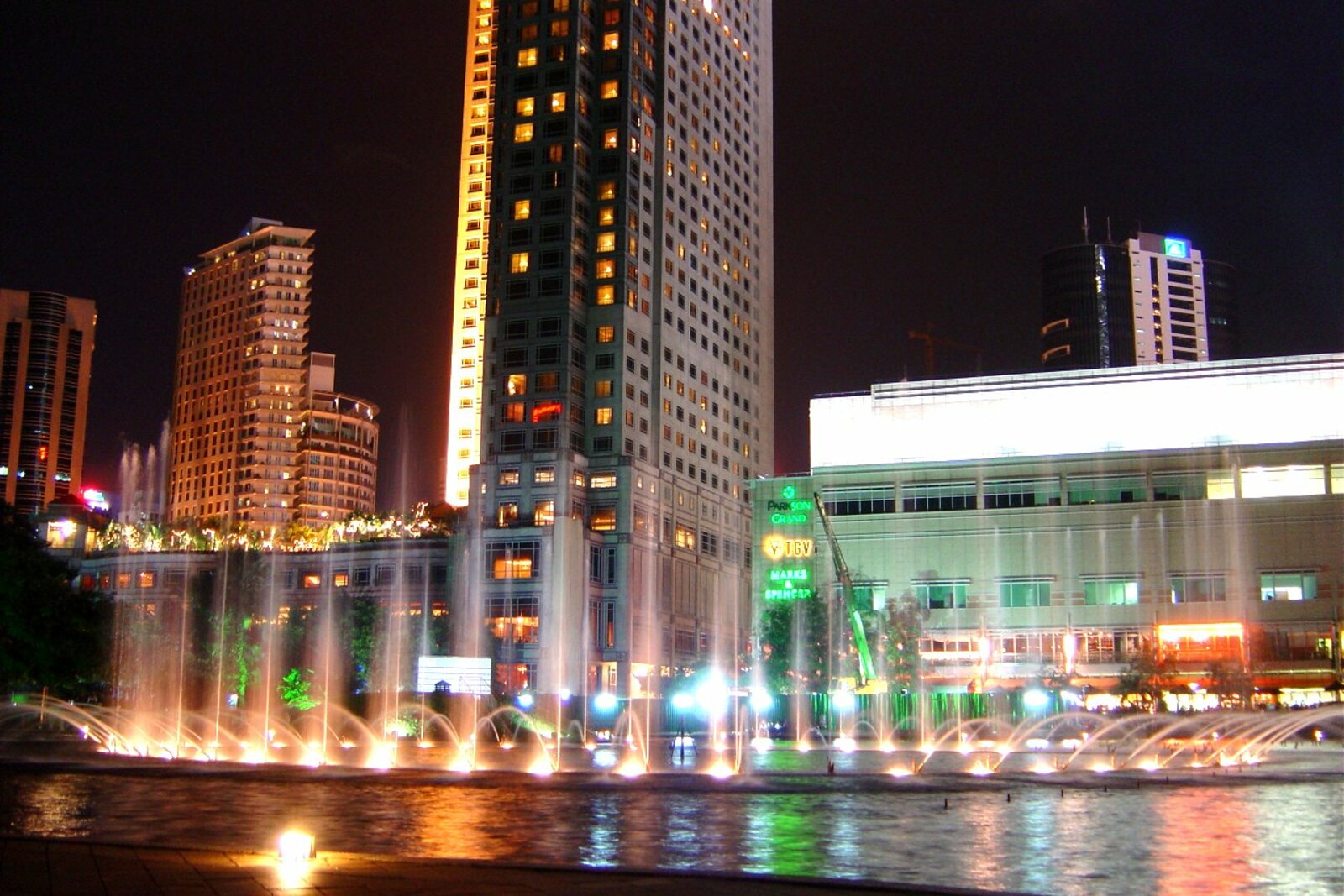 A park at night, with a fountain and the illuminated Petronas Twin Towers in the background.