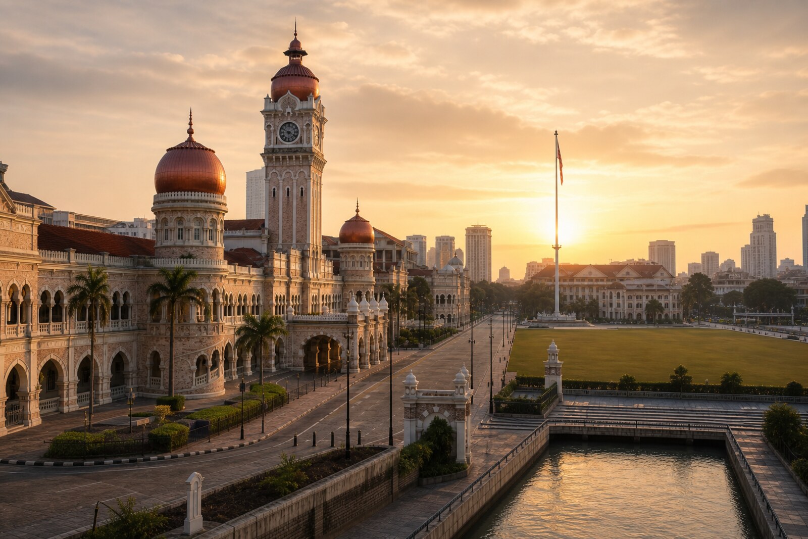 Generated cover image: a mosque at the river confluence and the facades of Kuala Lumpur's historic center.