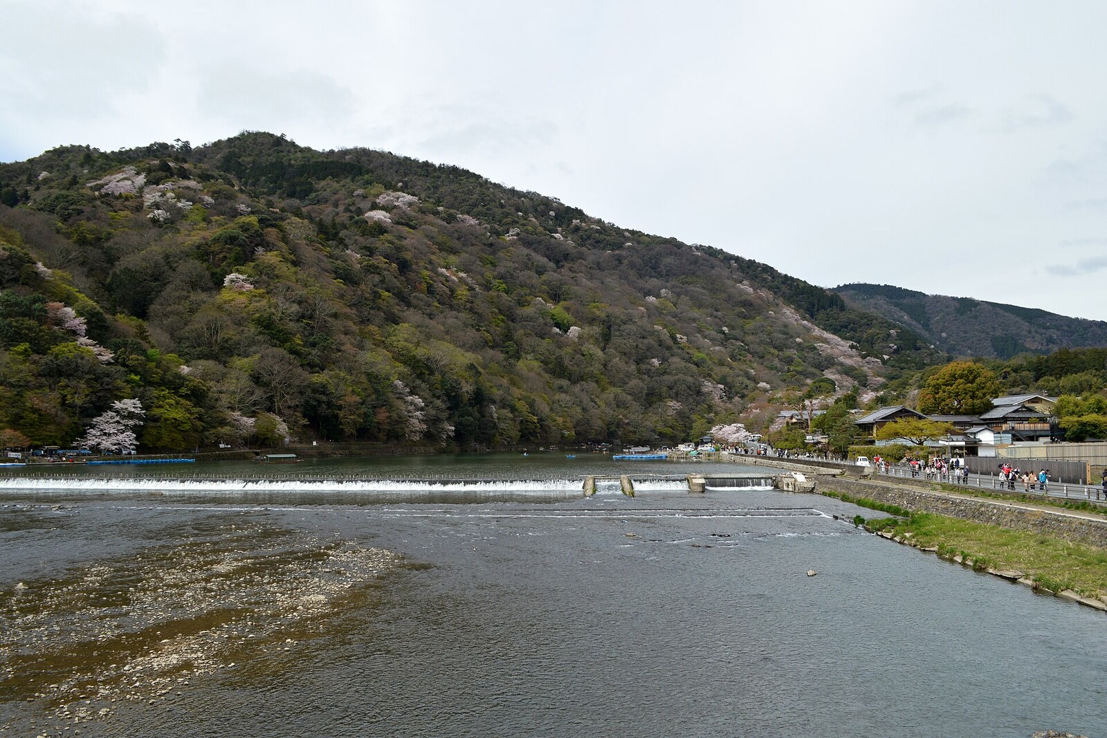 View of the Katsura River and the Arashiyama mountains from Togetsukyo Bridge, Kyoto, 2016