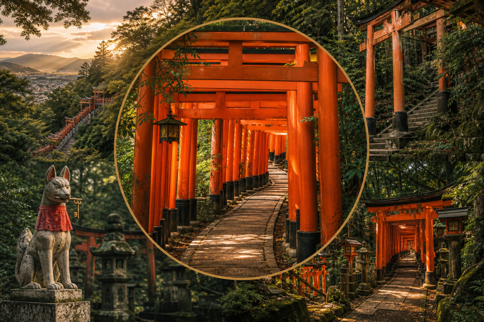 Illustration of red torii leading uphill along a forest path, with a guardian fox at the side