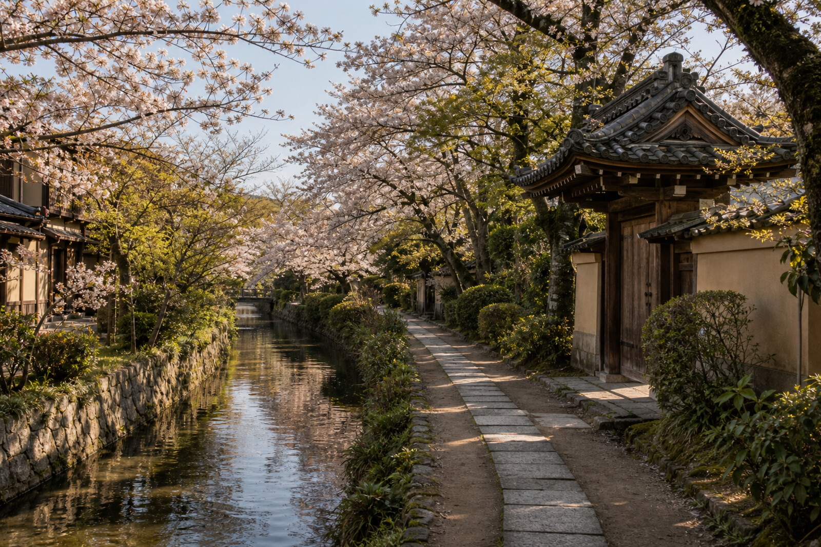 Illustration of the Philosopher's Path with a canal, cherry blossoms, and temples in soft light